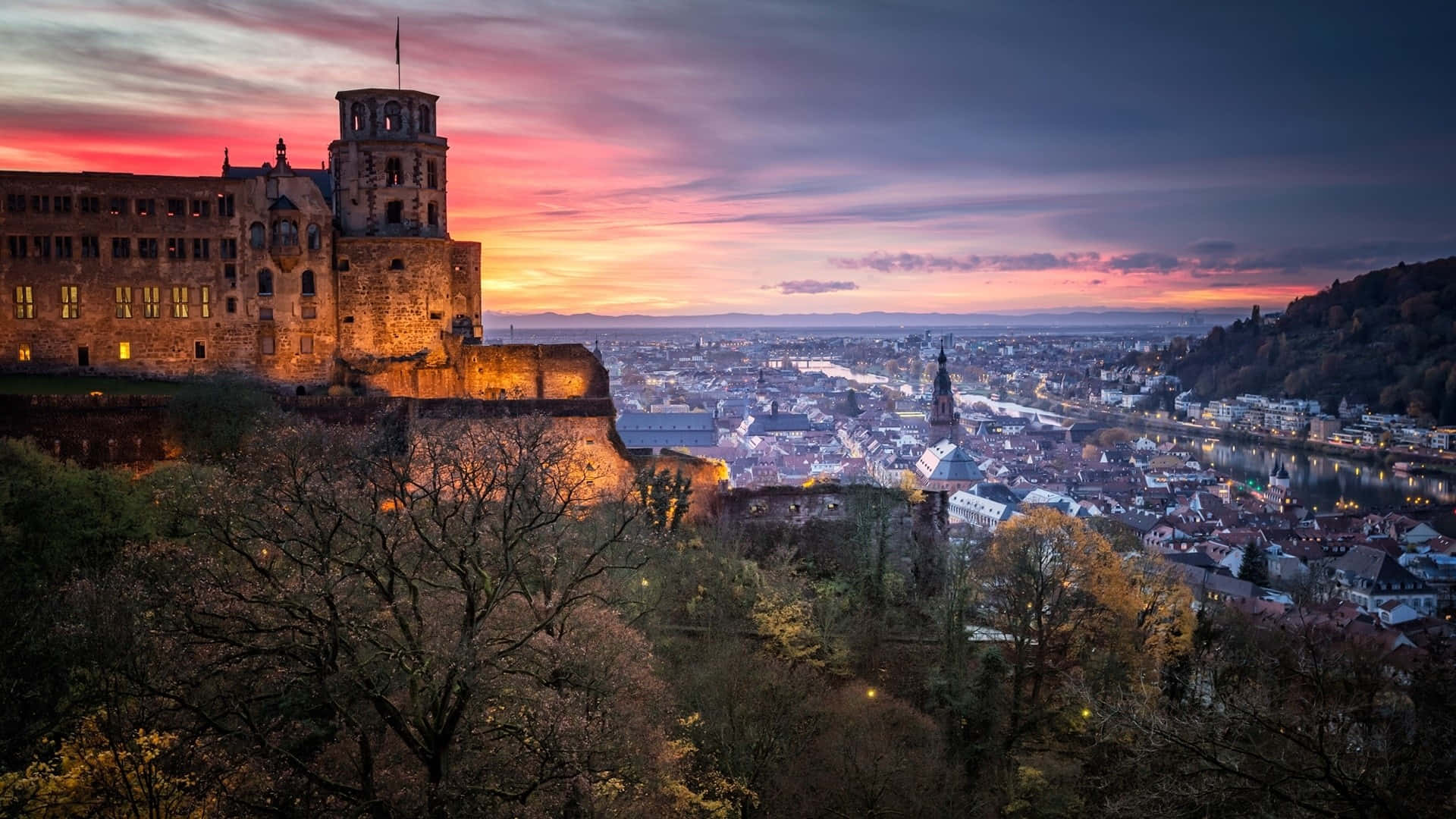 Heidelberg Castle, sunset, pink sky, Full HD Desktop Wallpaper