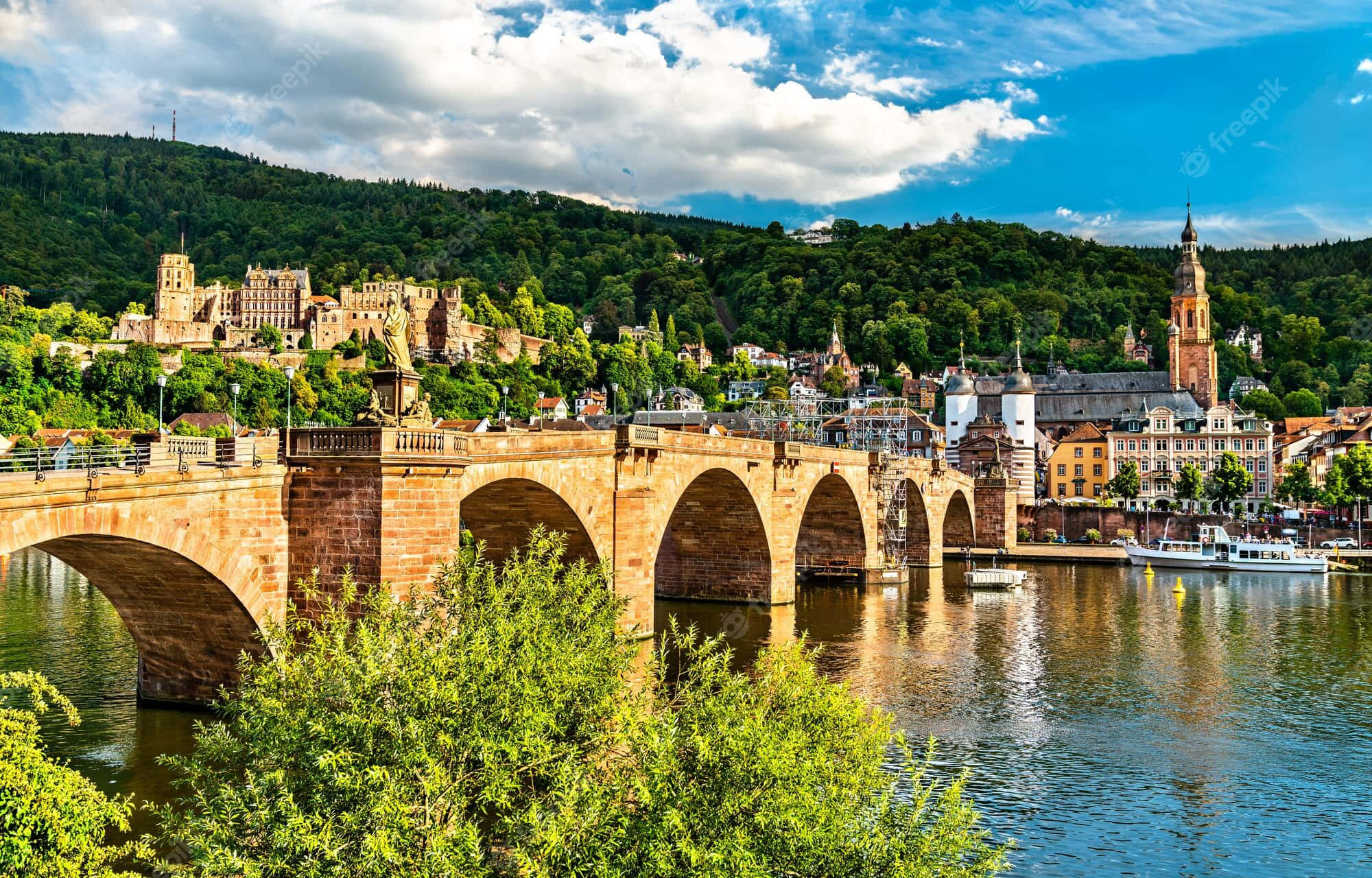 Heidelberg Castle, stone bridge, calm river, Full HD Desktop Wallpaper