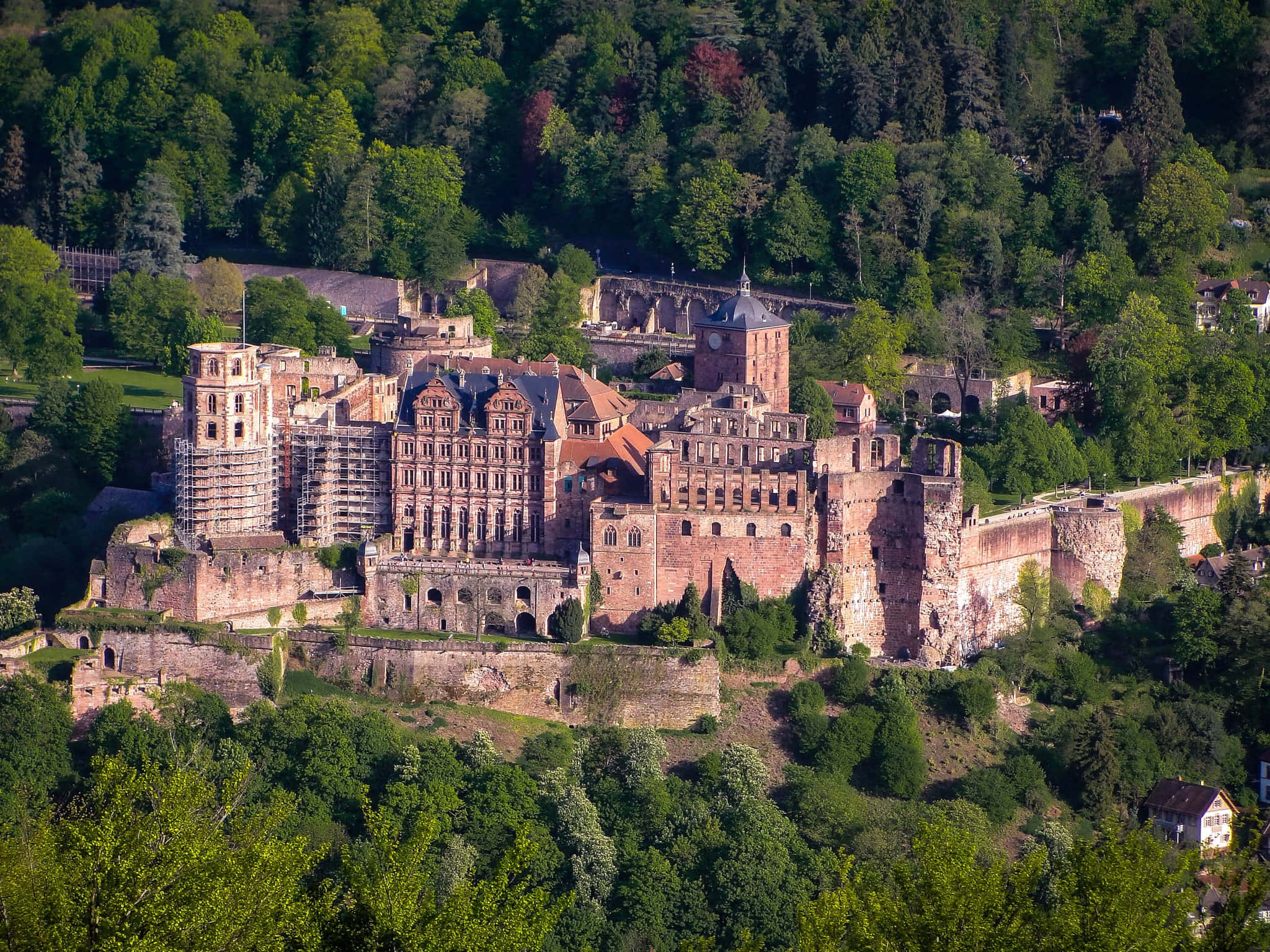 Heidelberg Castle, red rooftops, stone towers, Full HD Desktop Wallpaper