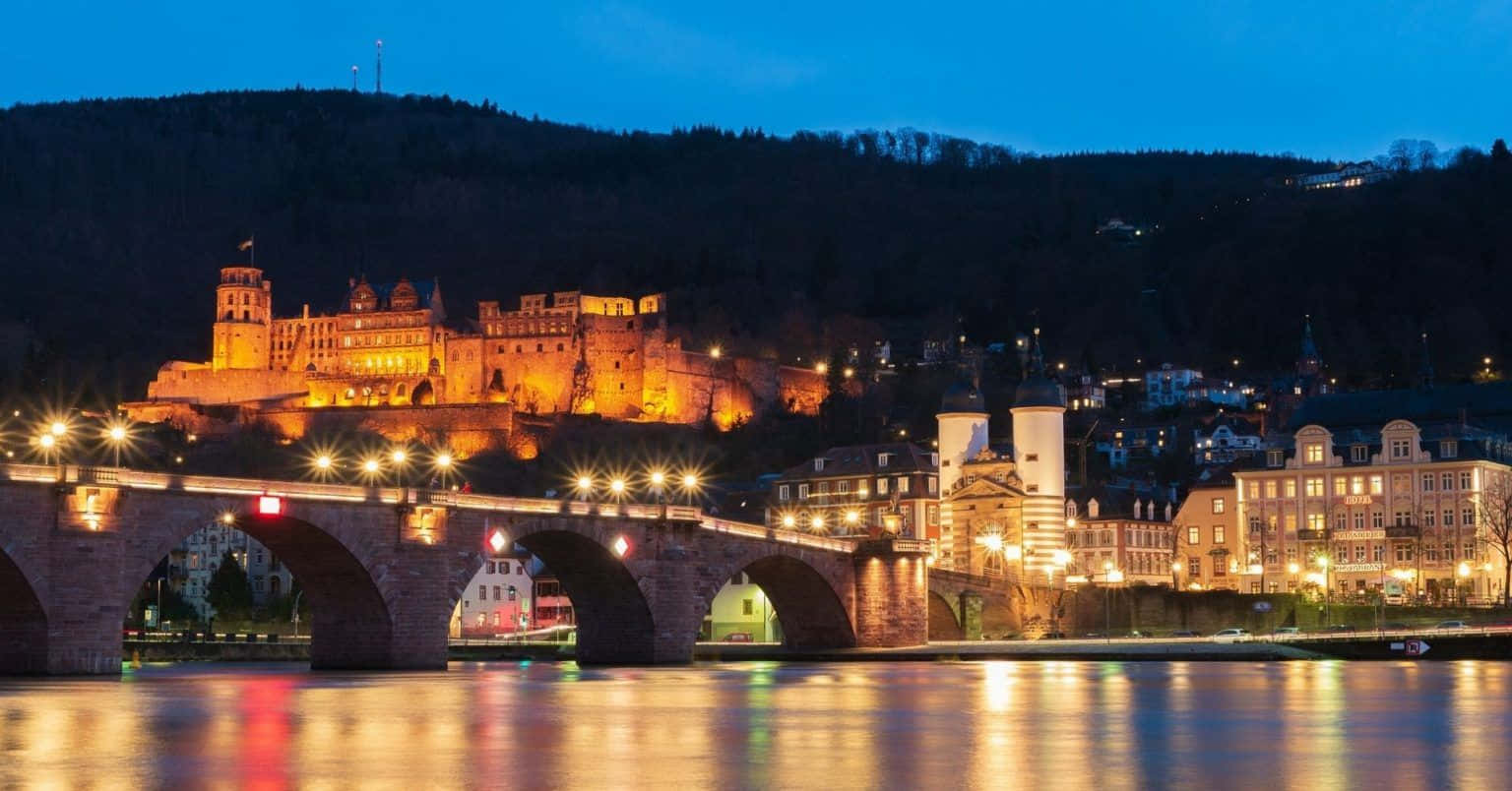 Heidelberg Castle, stone bridge, calm river, HD Desktop Wallpaper