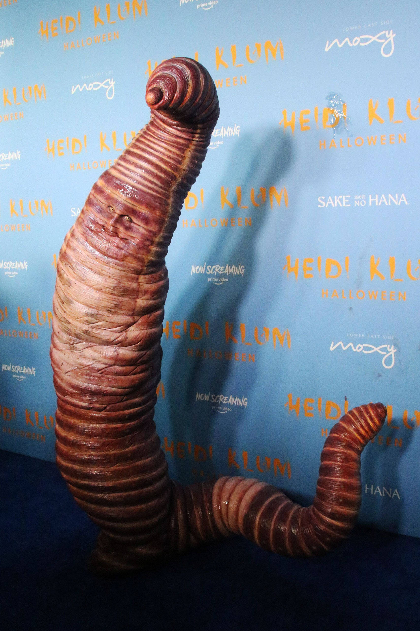 Heidi Klum, worm, blue branded backdrop, Full HD Phone Wallpaper