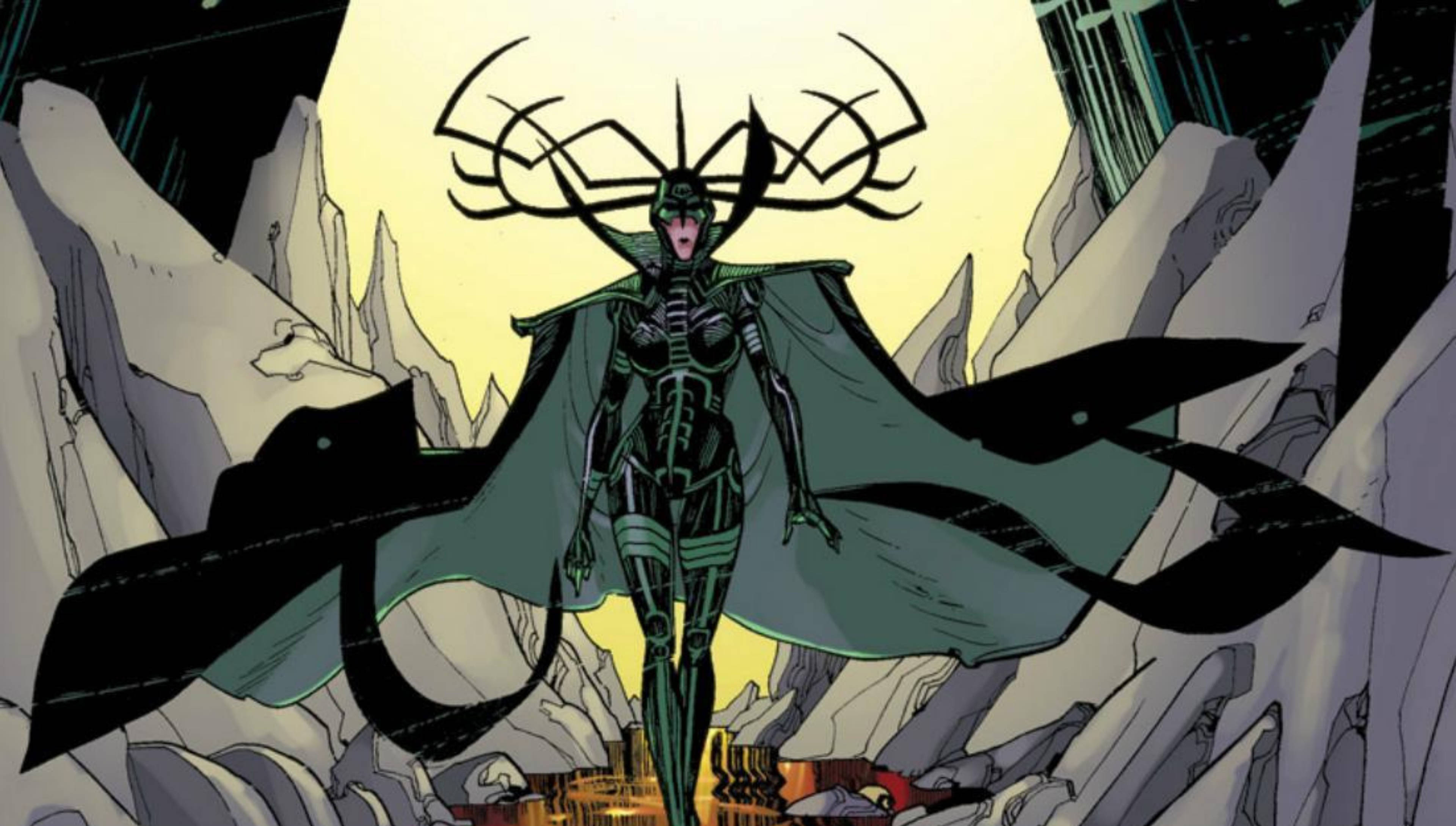Cartoon Hela, antler-like headgear, flowing cape, 4K Desktop Wallpaper