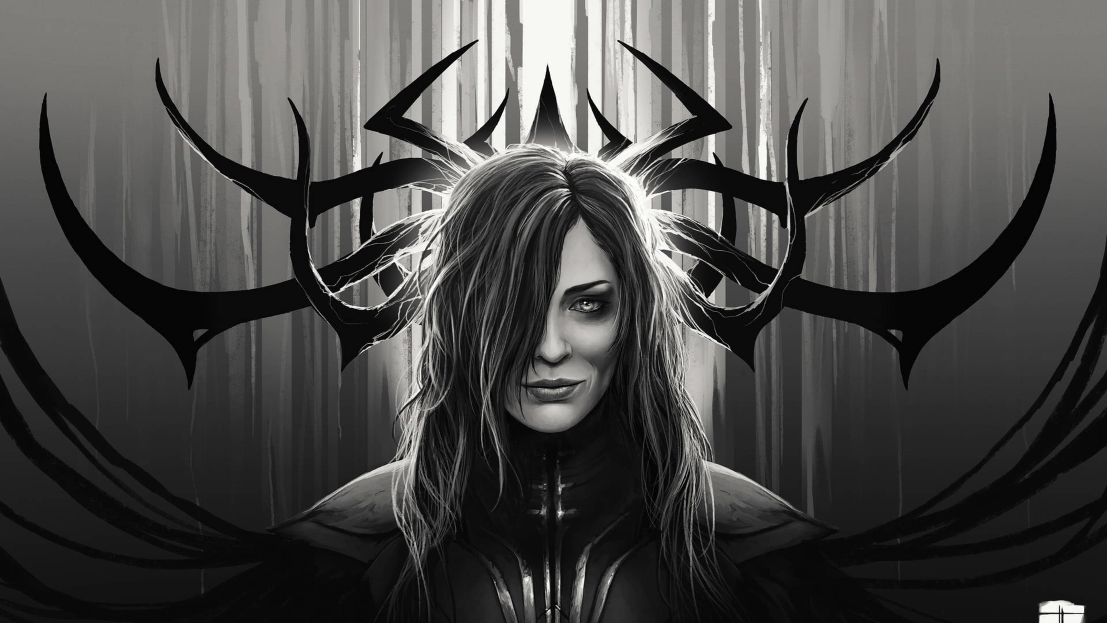 Hela, monochrome, long hair, 4K Desktop Wallpaper
