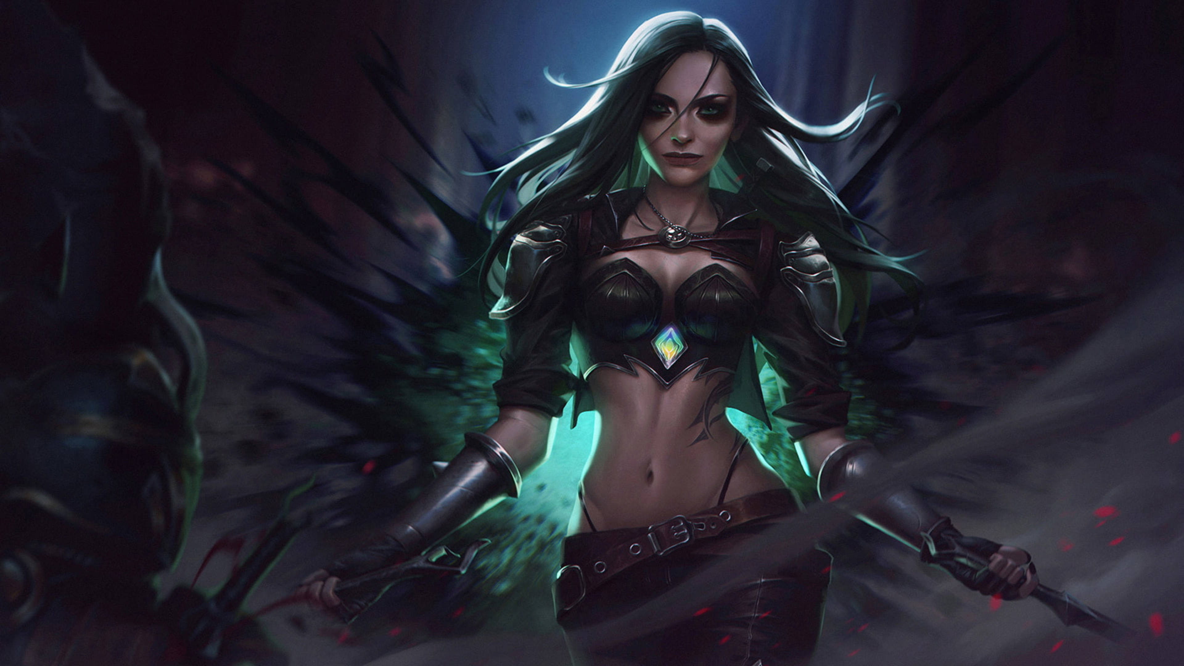 Hela, glowing green wings, dual blades, 4K Desktop Wallpaper