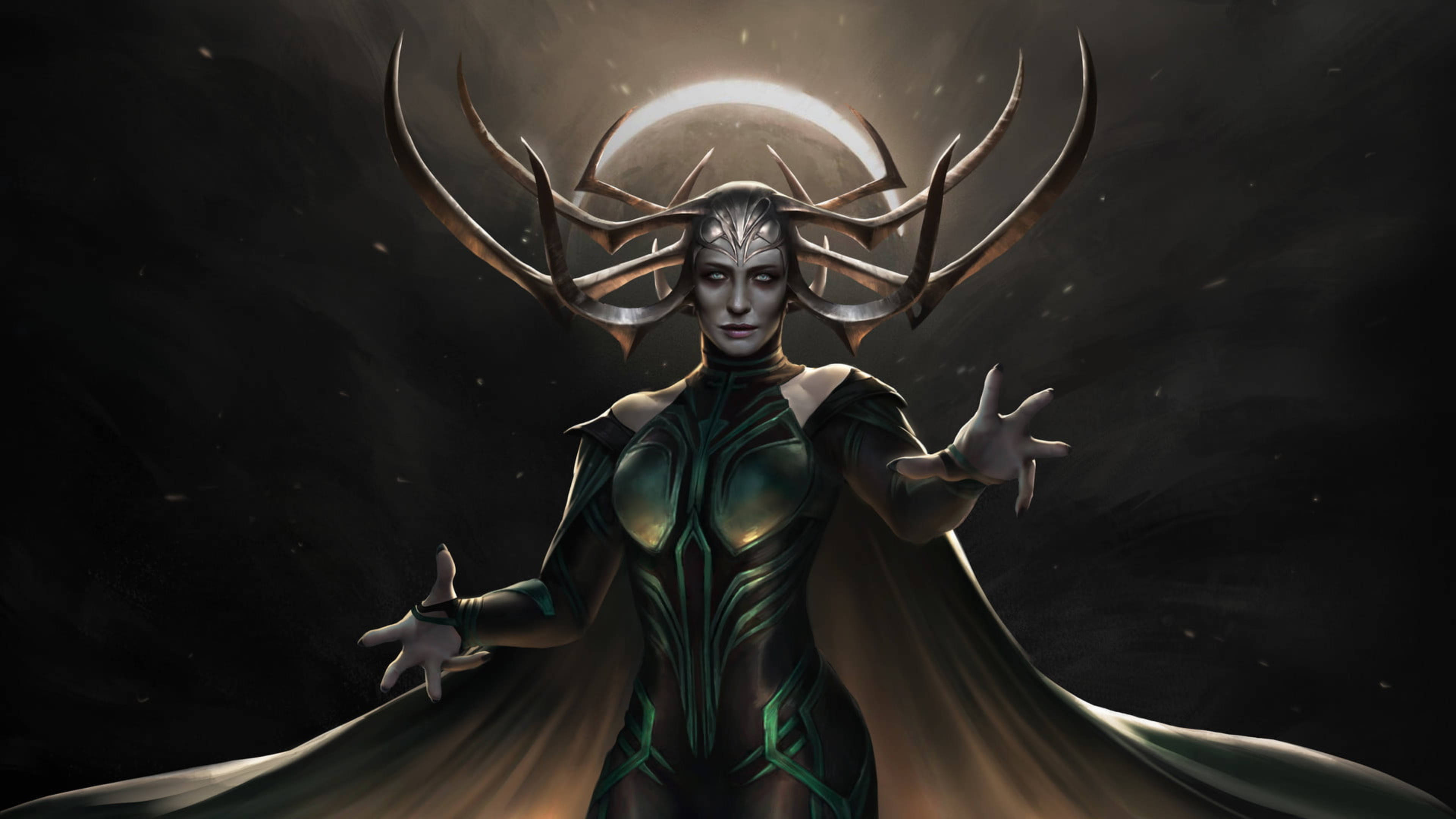 Hela, antlered crown, glowing green armor, 4K Desktop Wallpaper