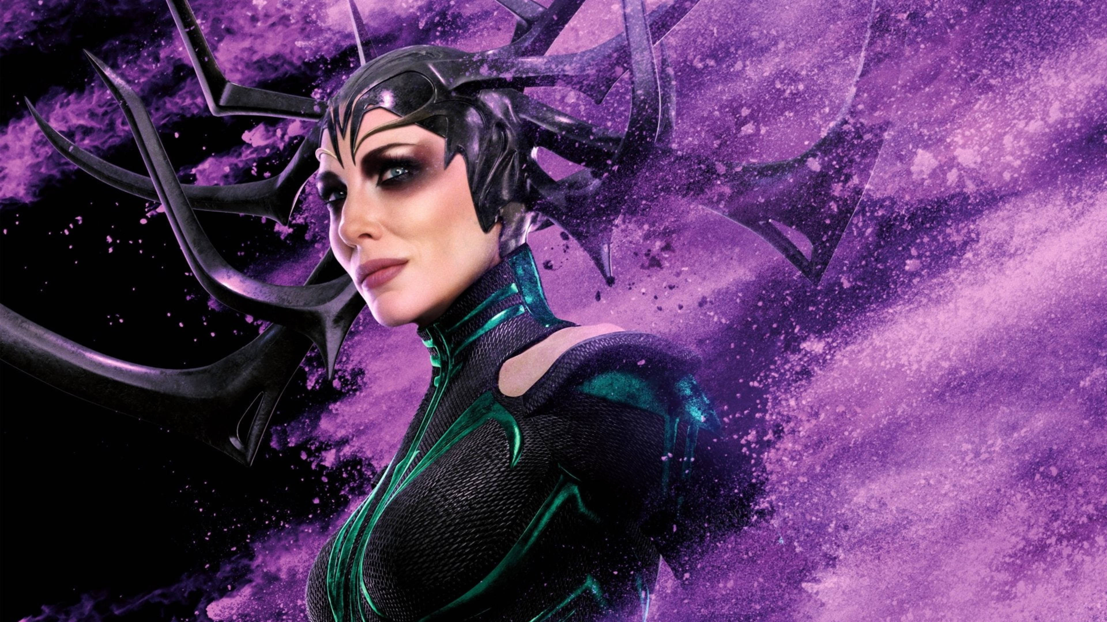 Hela, black antler-like headgear, glowing green armor, 4K Desktop Wallpaper
