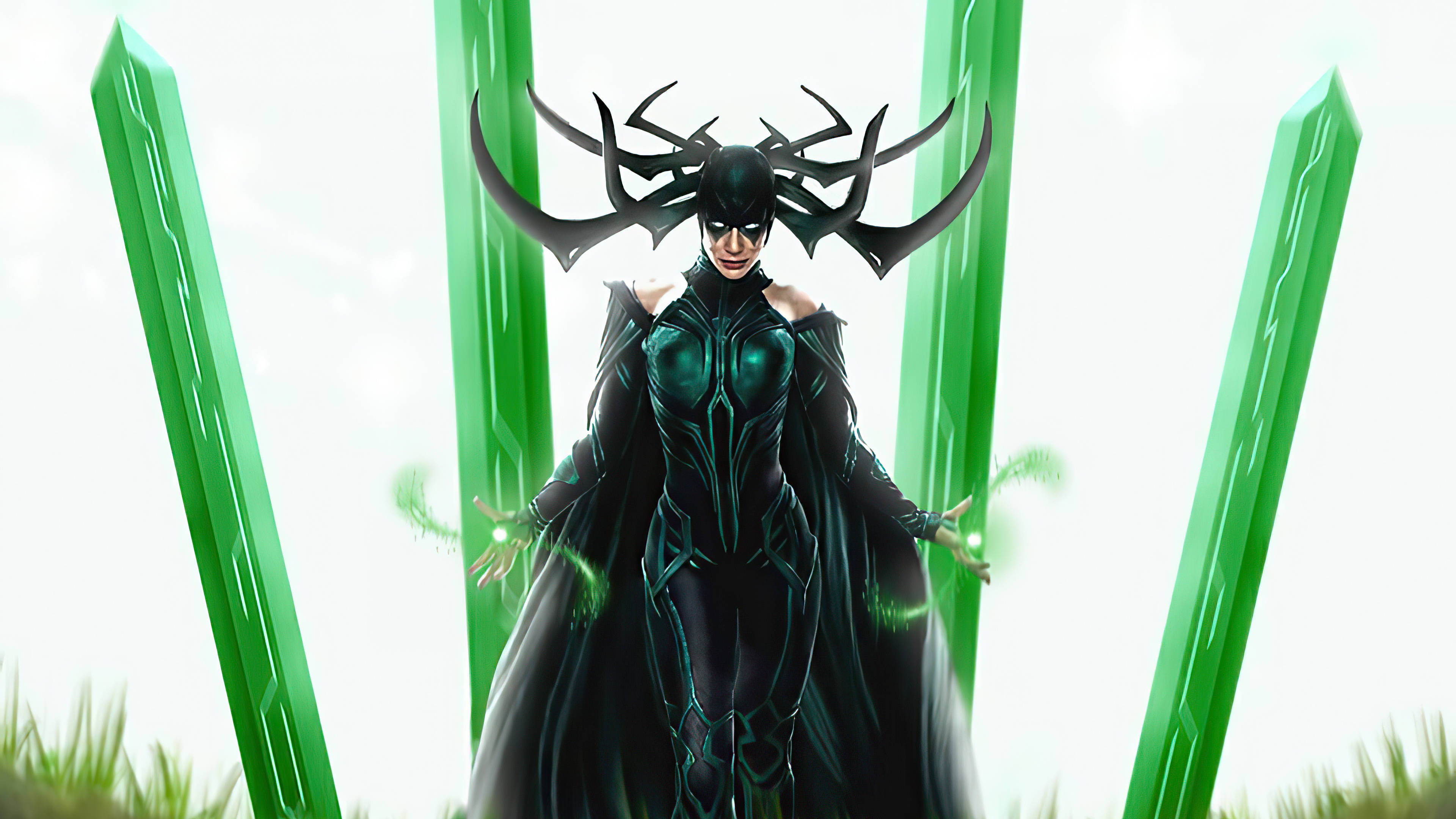Hela, black armored suit, antler-like headpiece, 4K Desktop Wallpaper