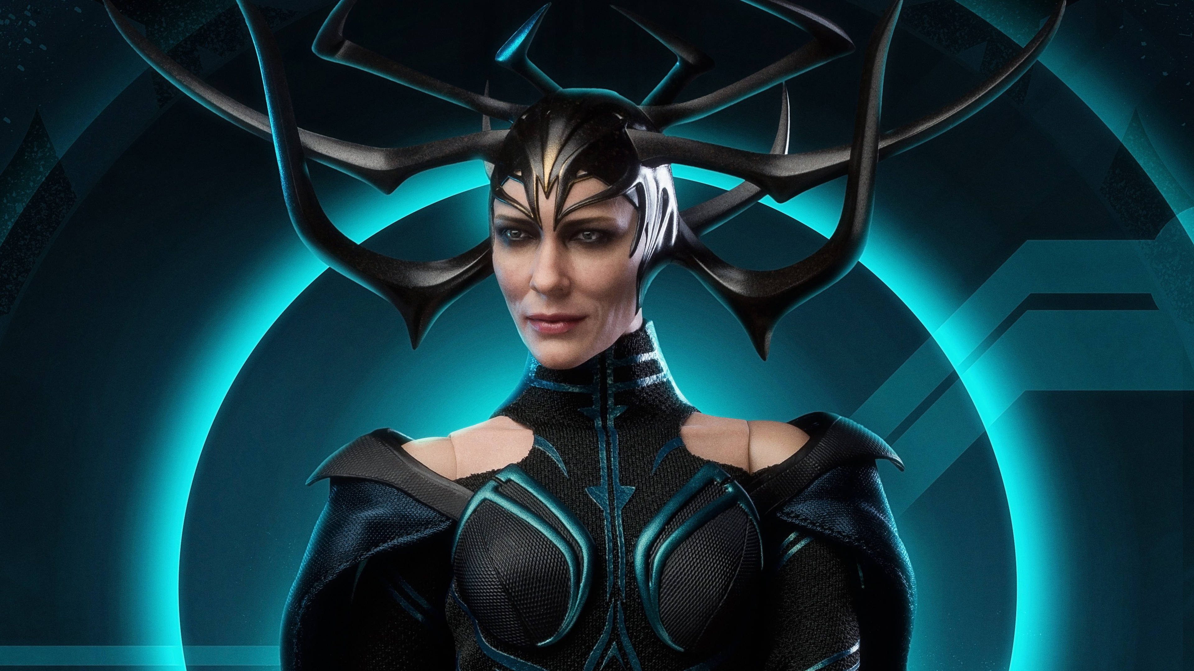 Hela, black armor, glowing teal accents, 4K Desktop Wallpaper