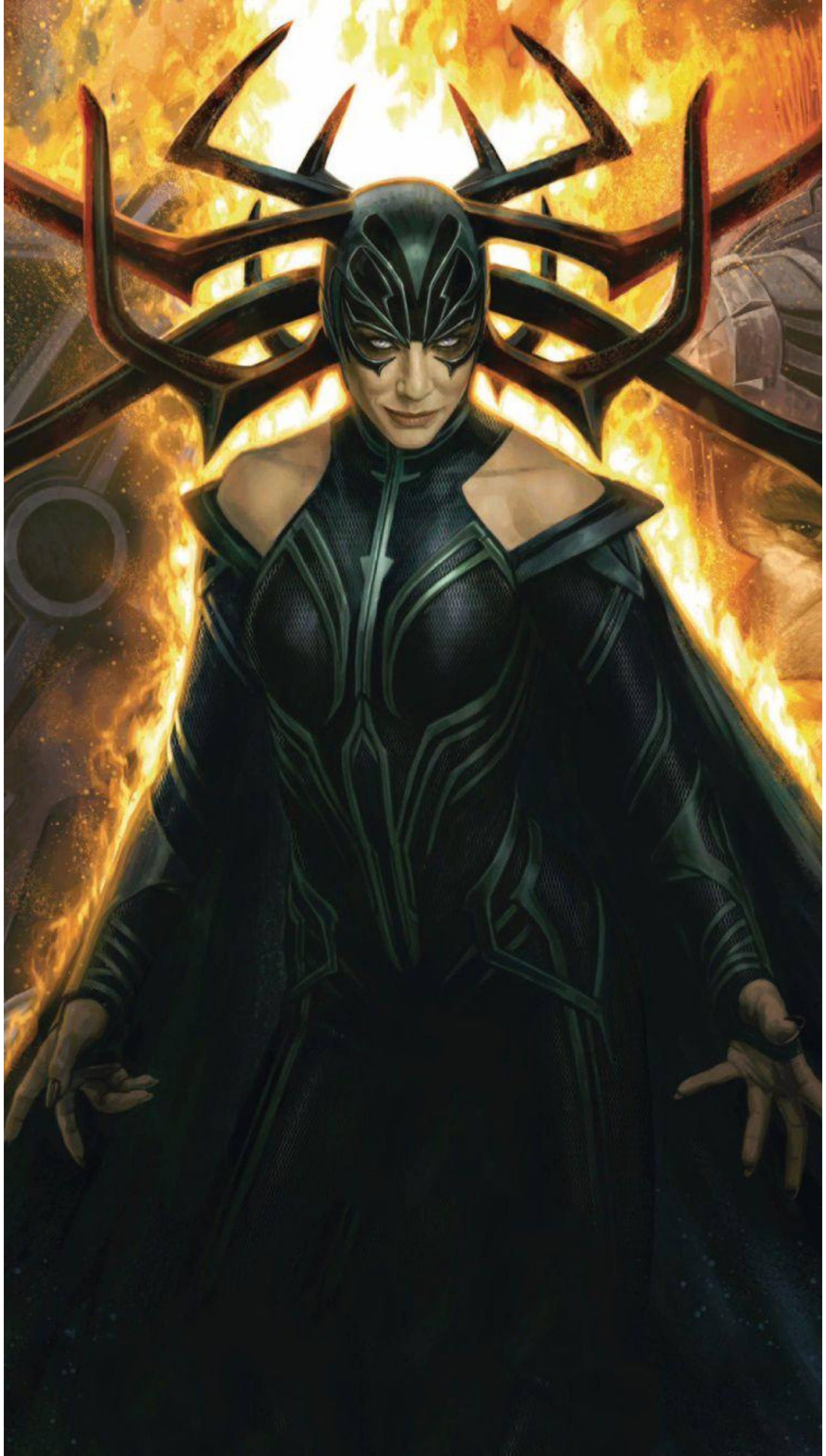 Hela, antler-like headpiece, blazing golden background, 4K Phone Wallpaper