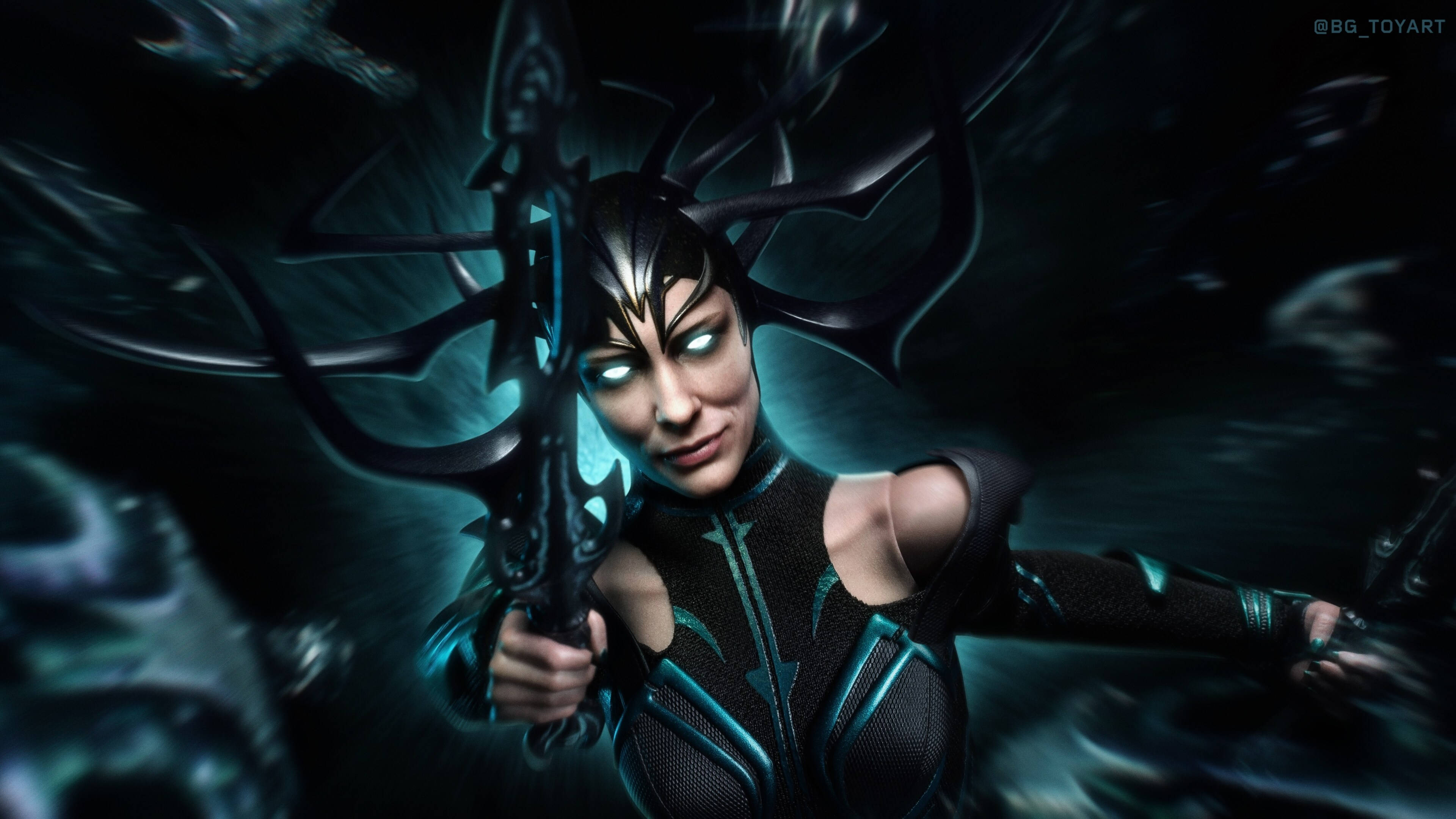 Hela, glowing eyes, ornate dark armor, 4K Desktop Wallpaper