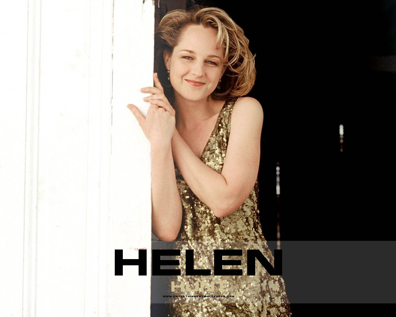 Helen Hunt, shimmering gold dress, white door frame, HD Desktop Wallpaper