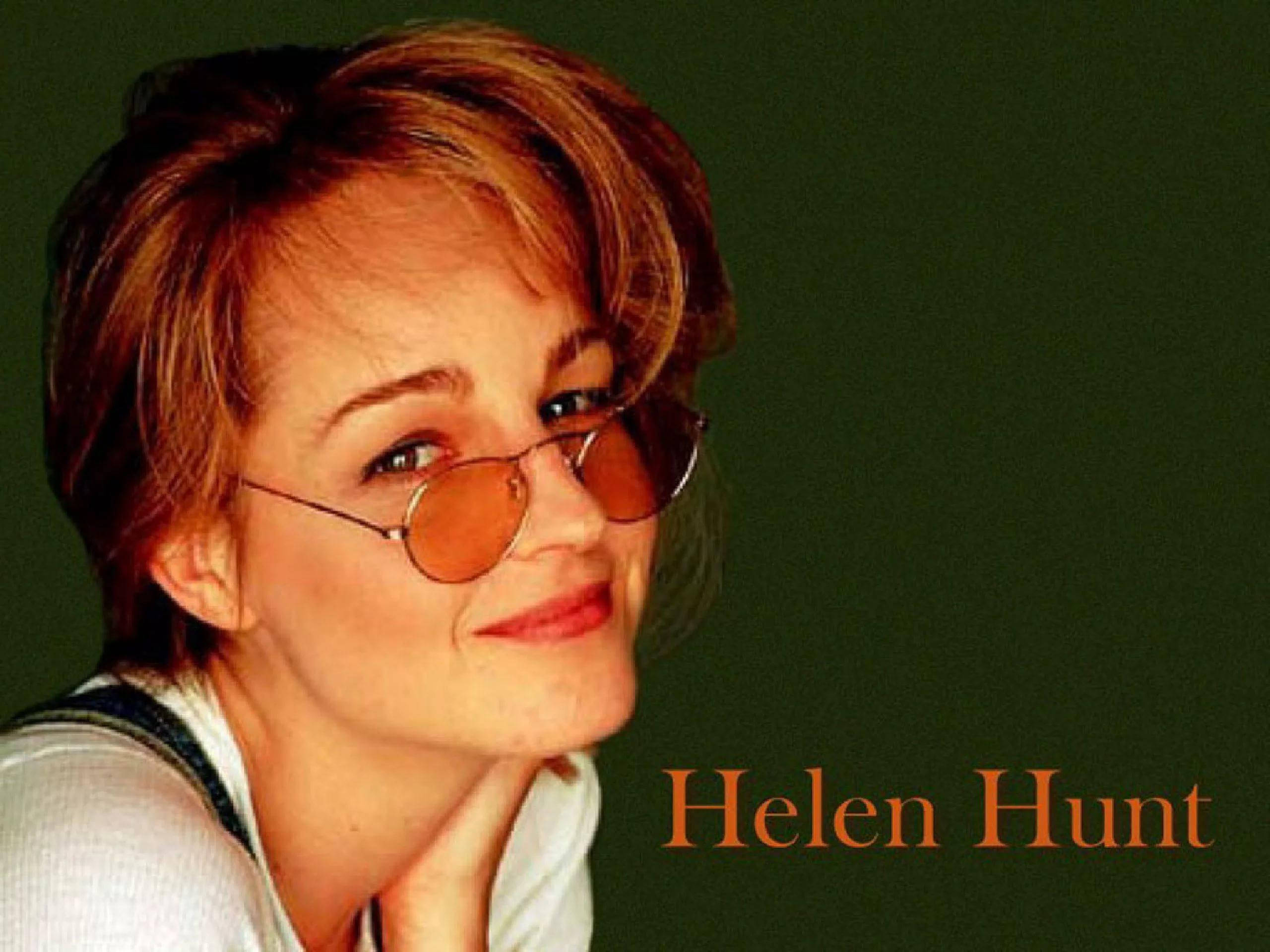 Helen Hunt, round orange-tinted glasses, dark green background, 2K Desktop Wallpaper