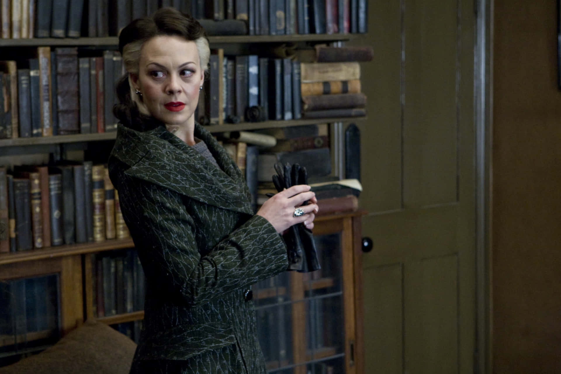 Helen McCrory, dark patterned coat, library, Full HD Desktop Wallpaper