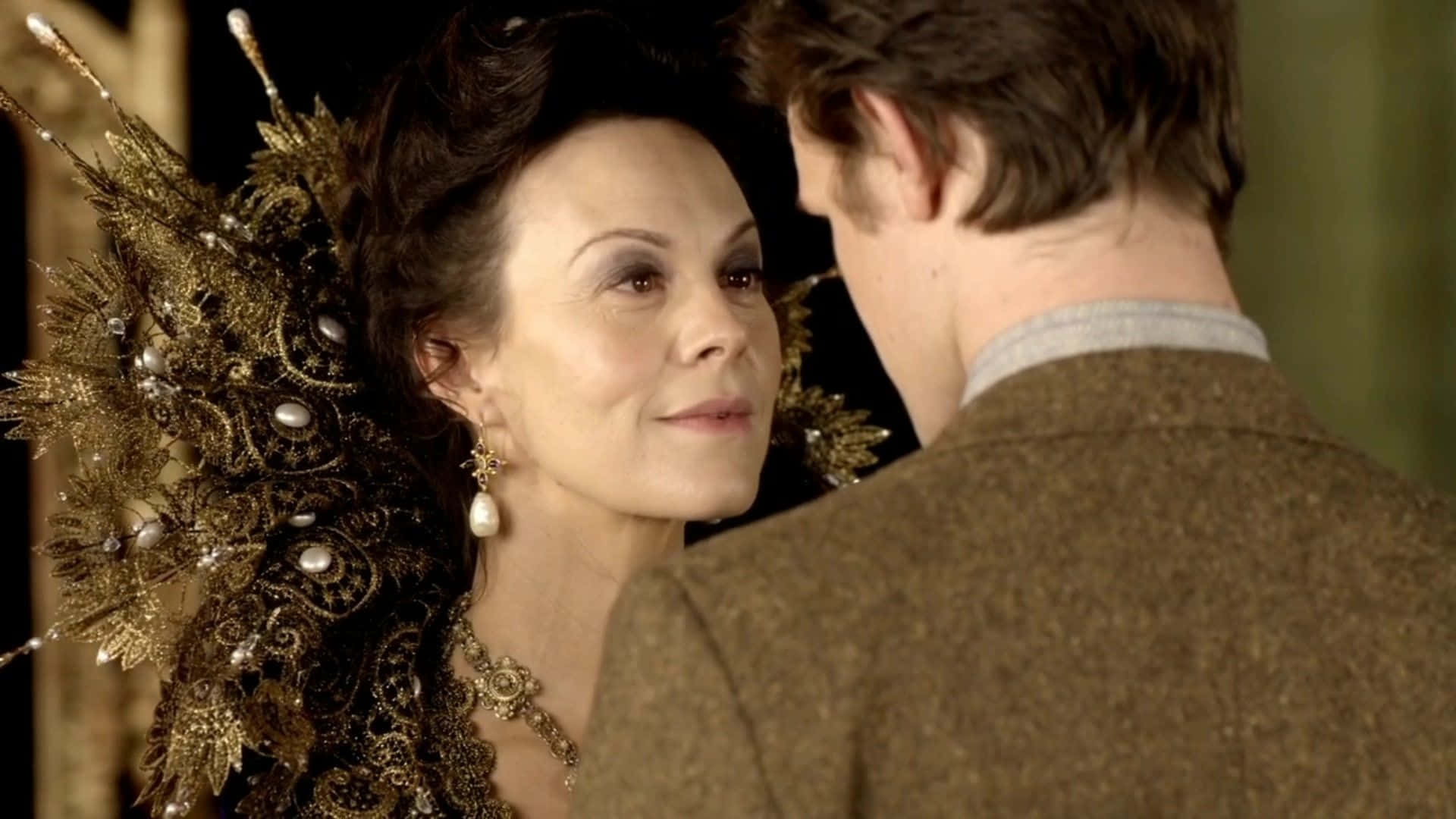 Helen McCrory, ornate golden headdress, brown tweed jacket, Full HD Desktop Wallpaper