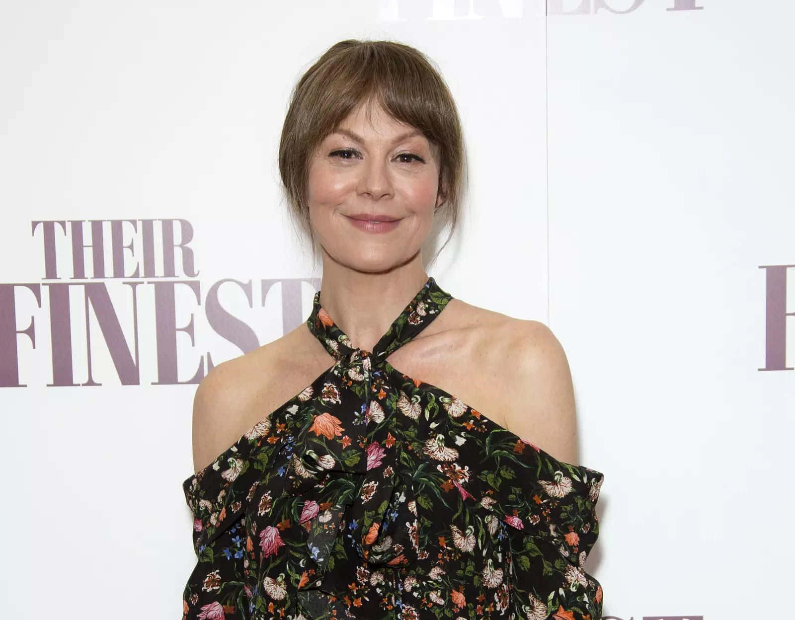 Helen McCrory, short brown hair, black floral off-shoulder dress, HD Desktop Wallpaper