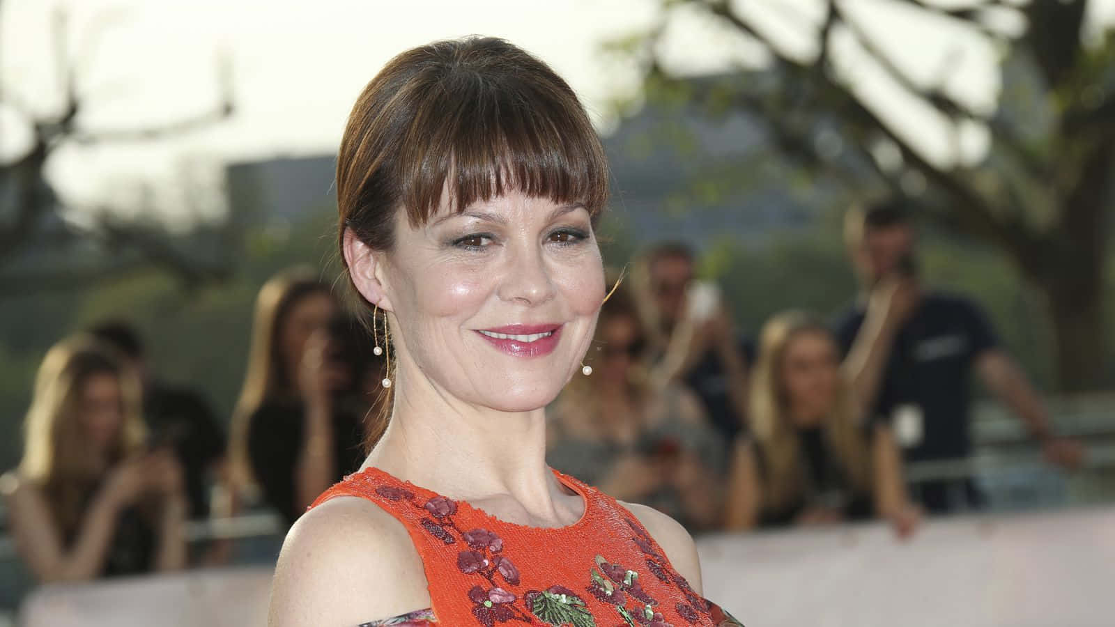Helen Mccrory, orange floral dress, outdoors, HD Desktop Wallpaper