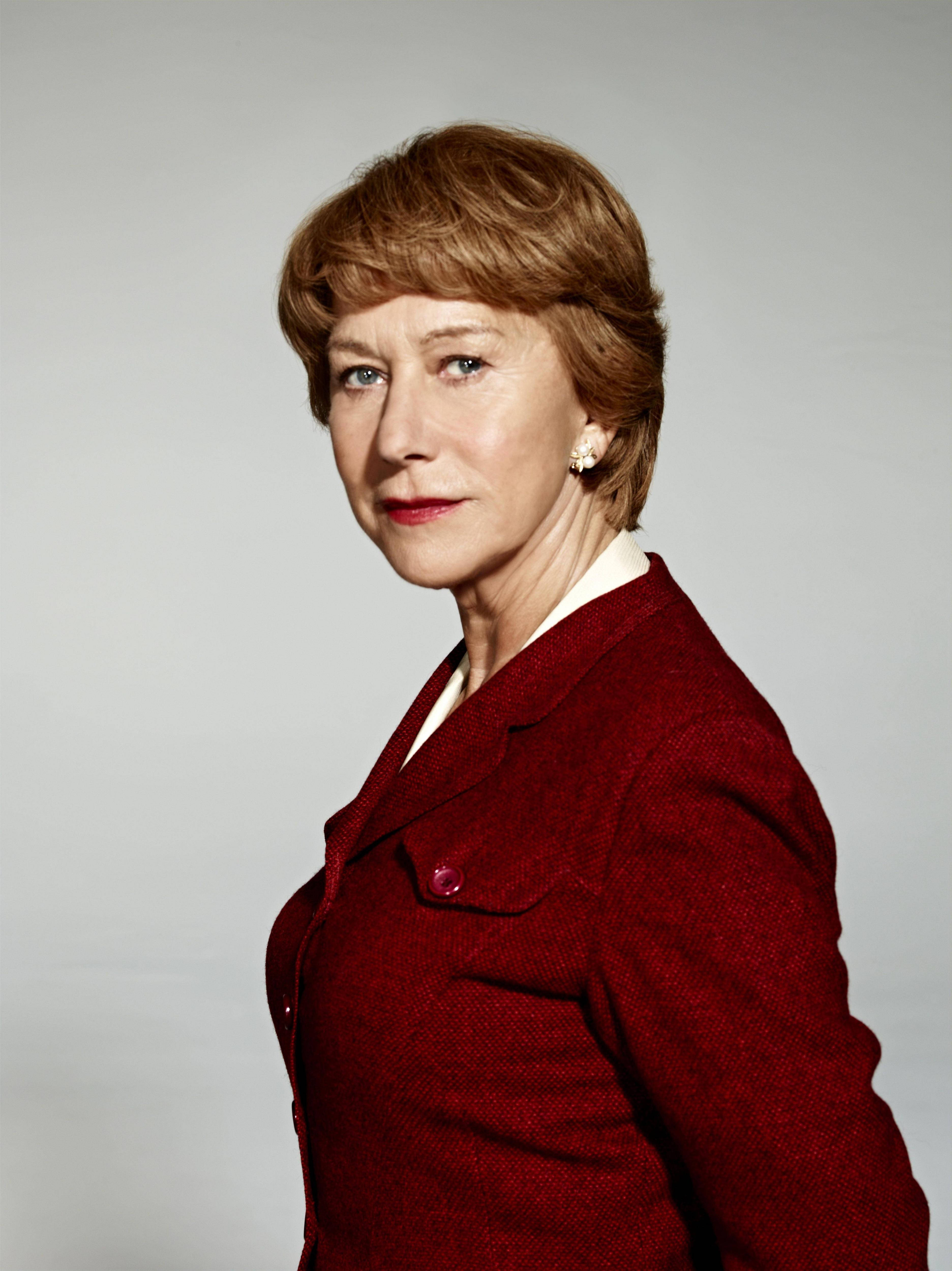 Helen Mirren, short auburn hair, textured red blazer, 4K Phone Wallpaper