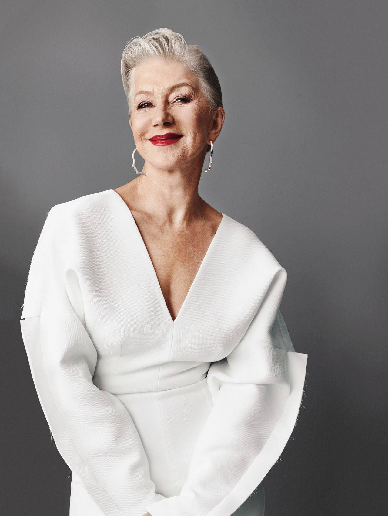 Helen Mirren, white draped dress, gray studio backdrop, HD Phone Wallpaper