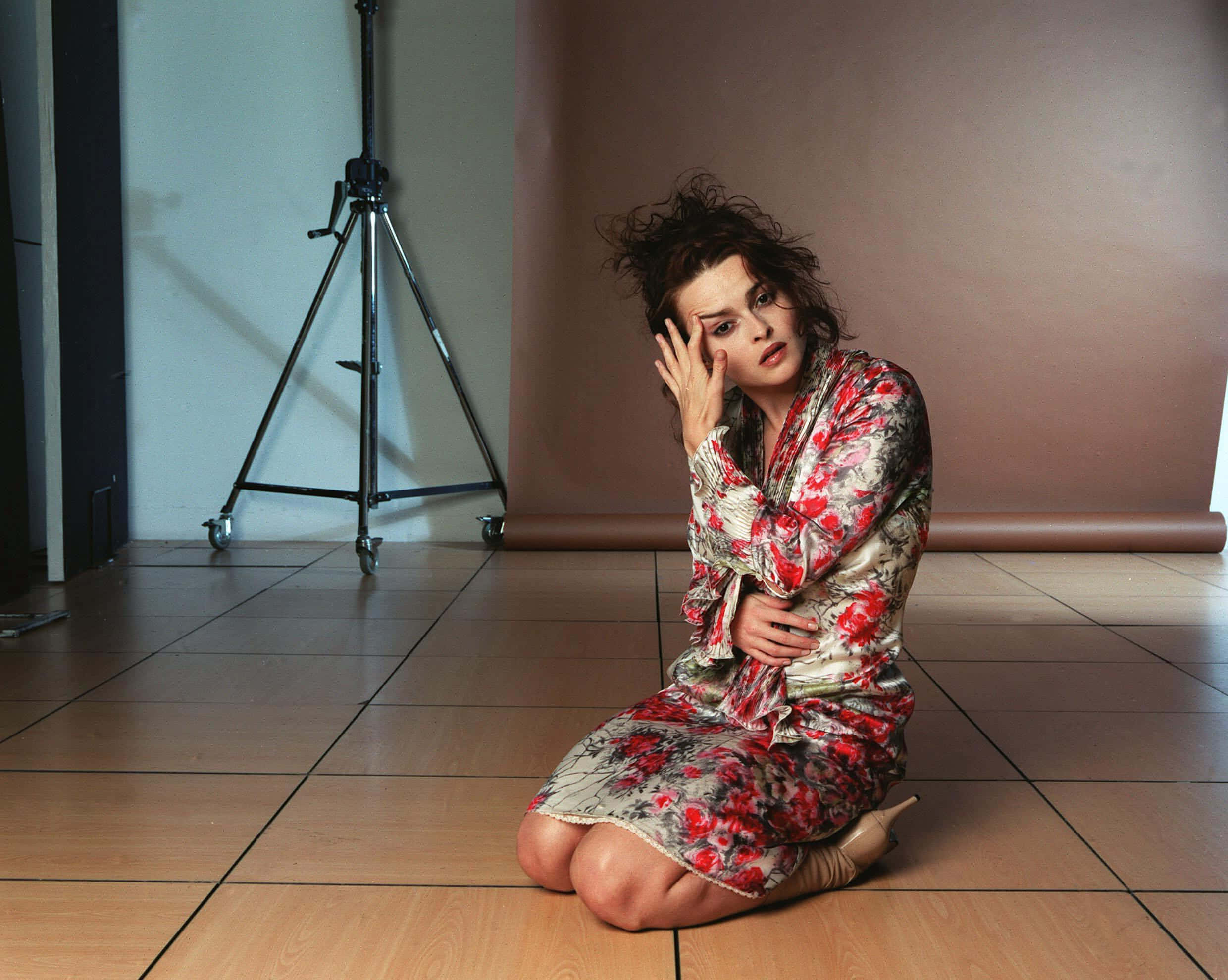 Helena Bonham Carter, floral robe, tiled floor, Full HD Desktop Wallpaper