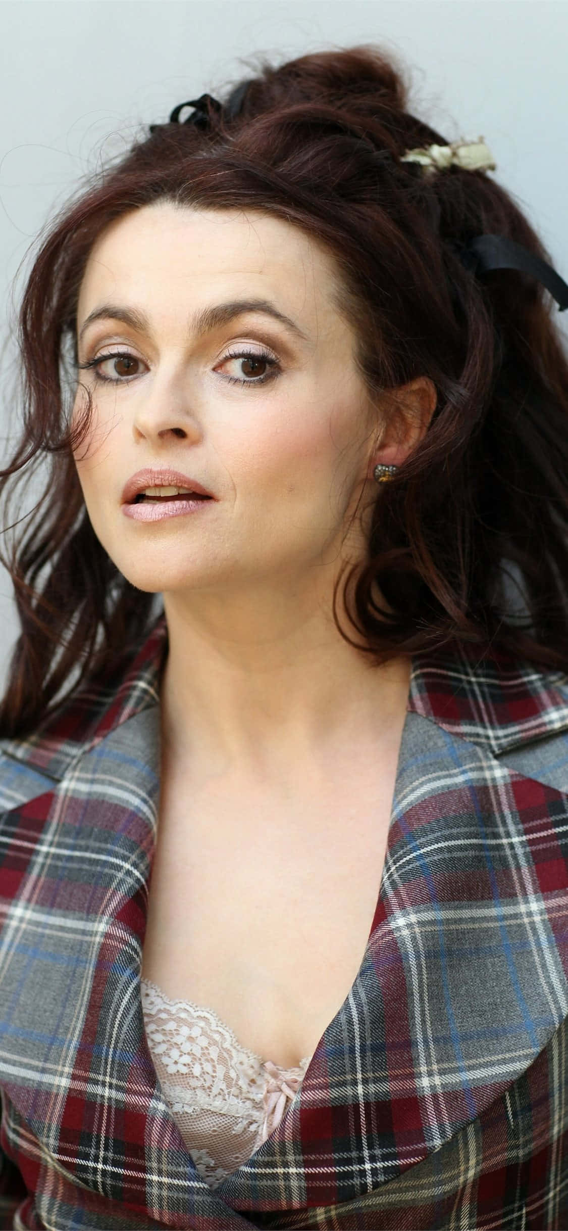 Helena Bonham Carter, dark hair, plaid shirt, Full HD Phone Wallpaper