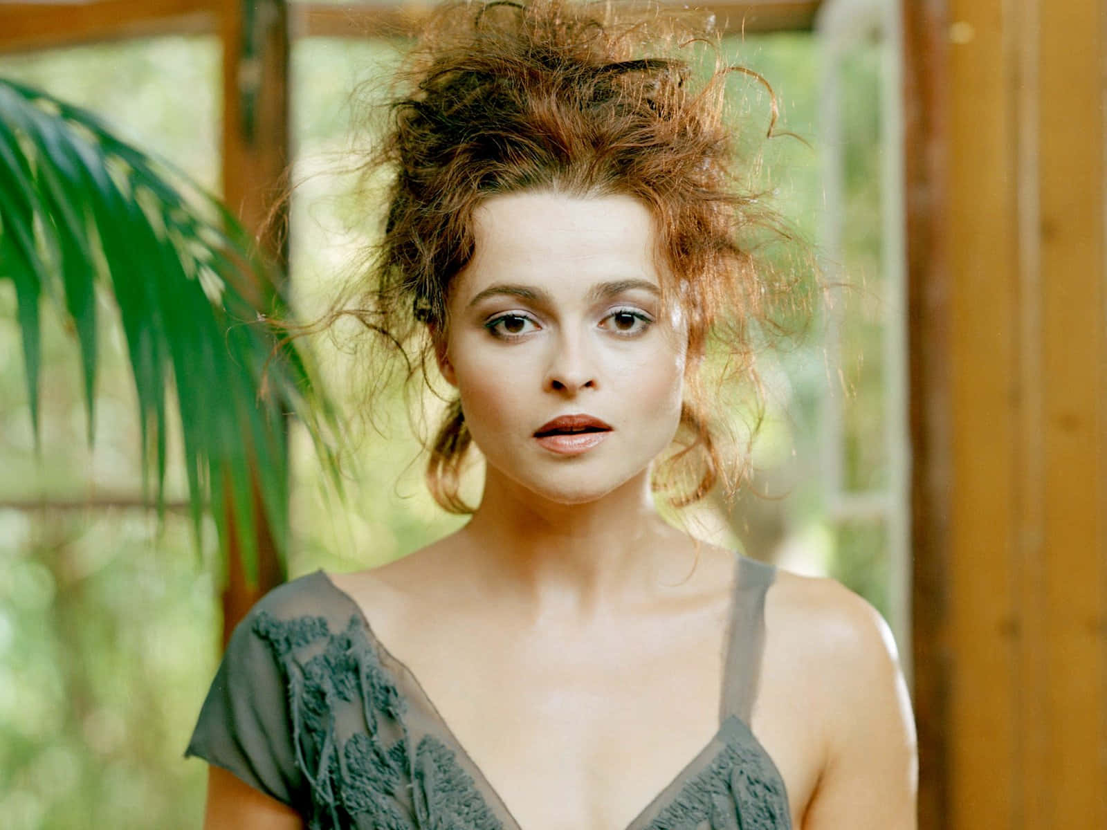 Helena Bonham Carter, vintage-inspired attire, tousled auburn hair, HD Desktop Wallpaper