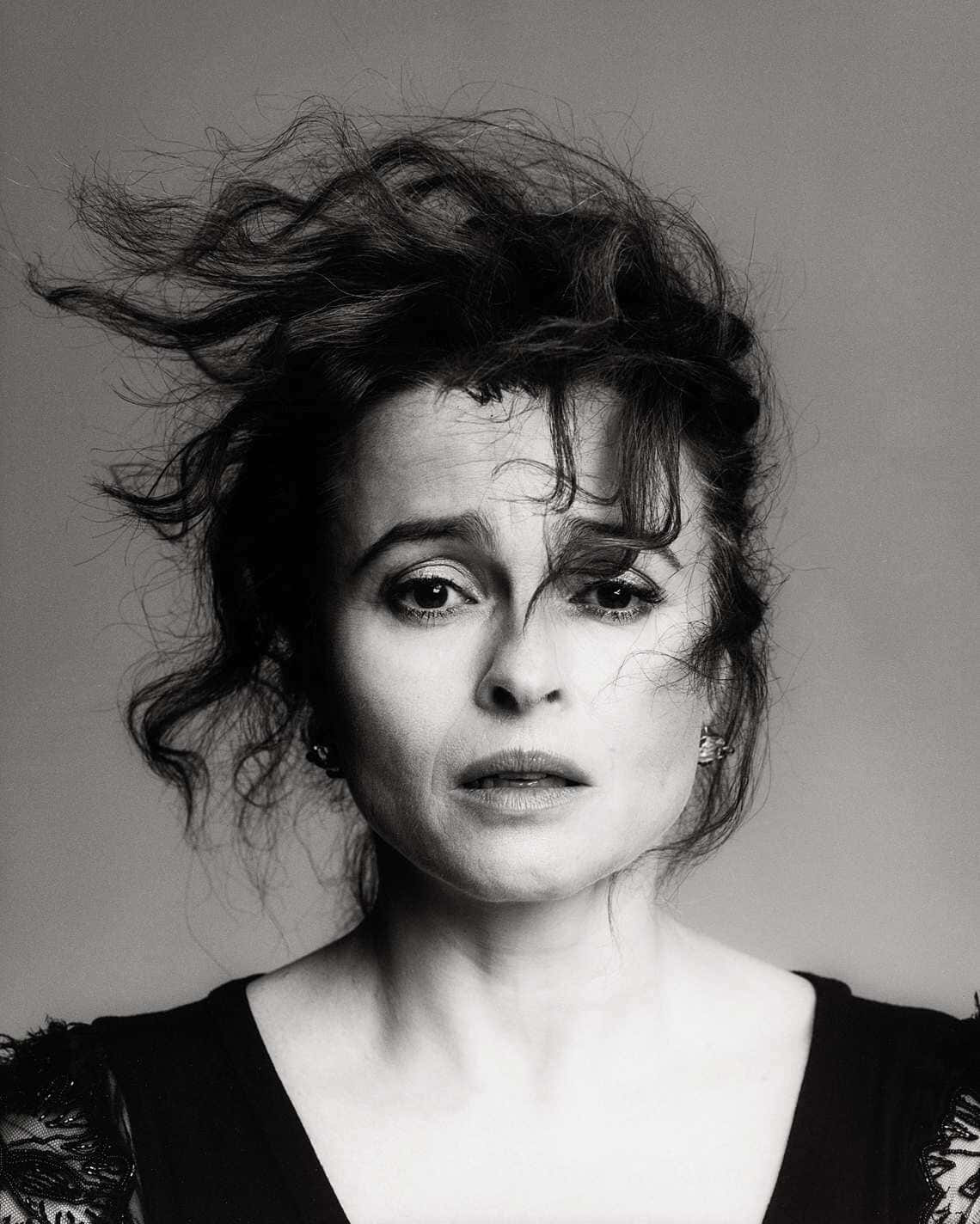 Helena Bonham Carter, black and white portrait, windswept hair, HD Phone Wallpaper
