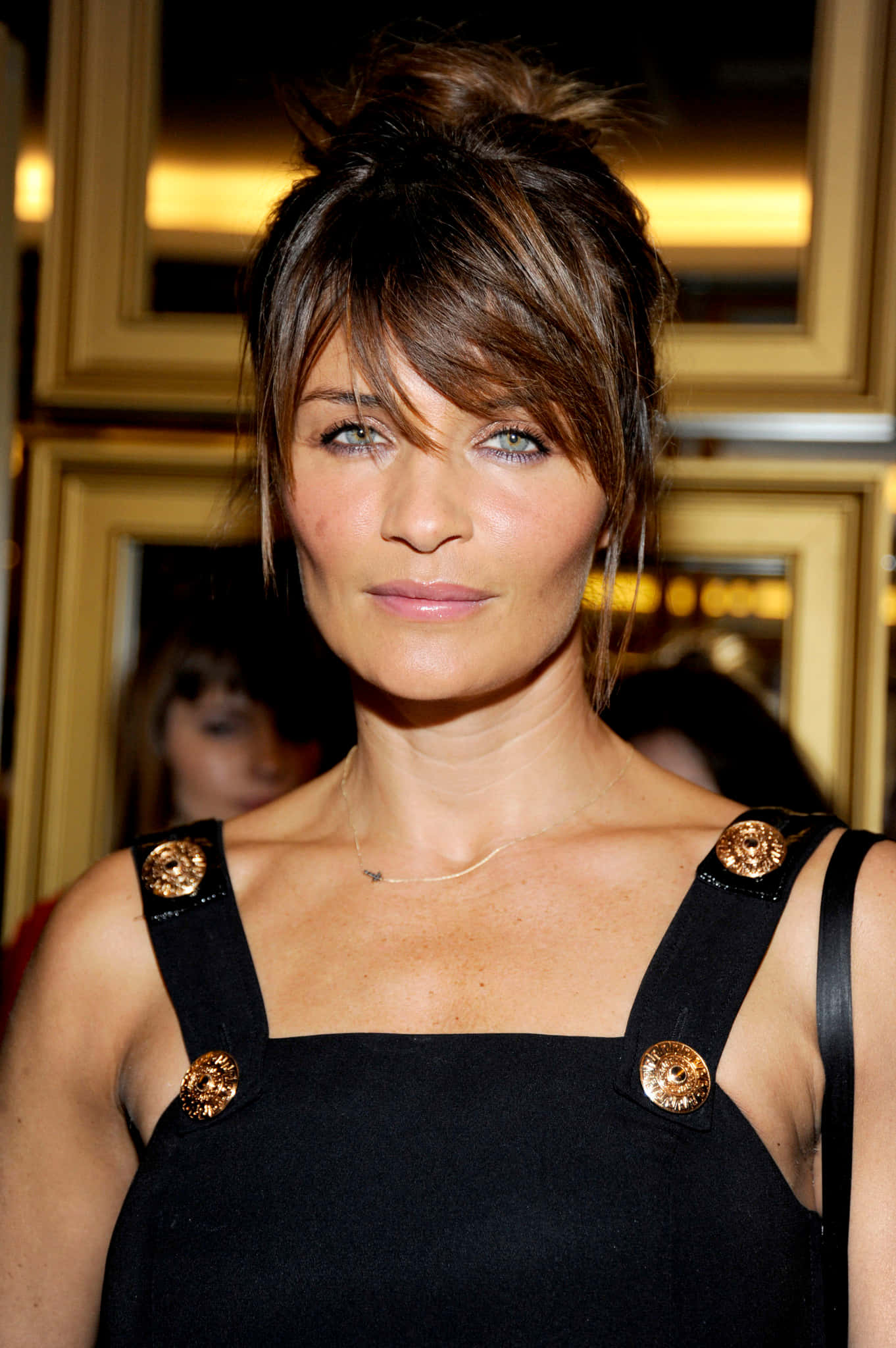 Helena Christensen, black top with gold buttons, tousled brown hair, Full HD Phone Wallpaper
