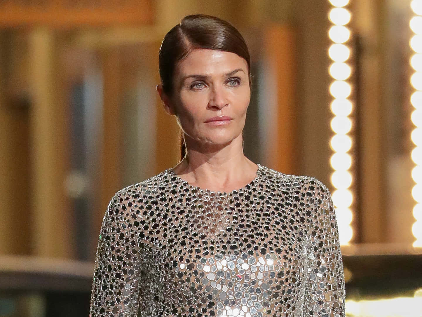 Helena Christensen, shimmering silver mosaic dress, glowing vertical light strips, HD Desktop Wallpaper