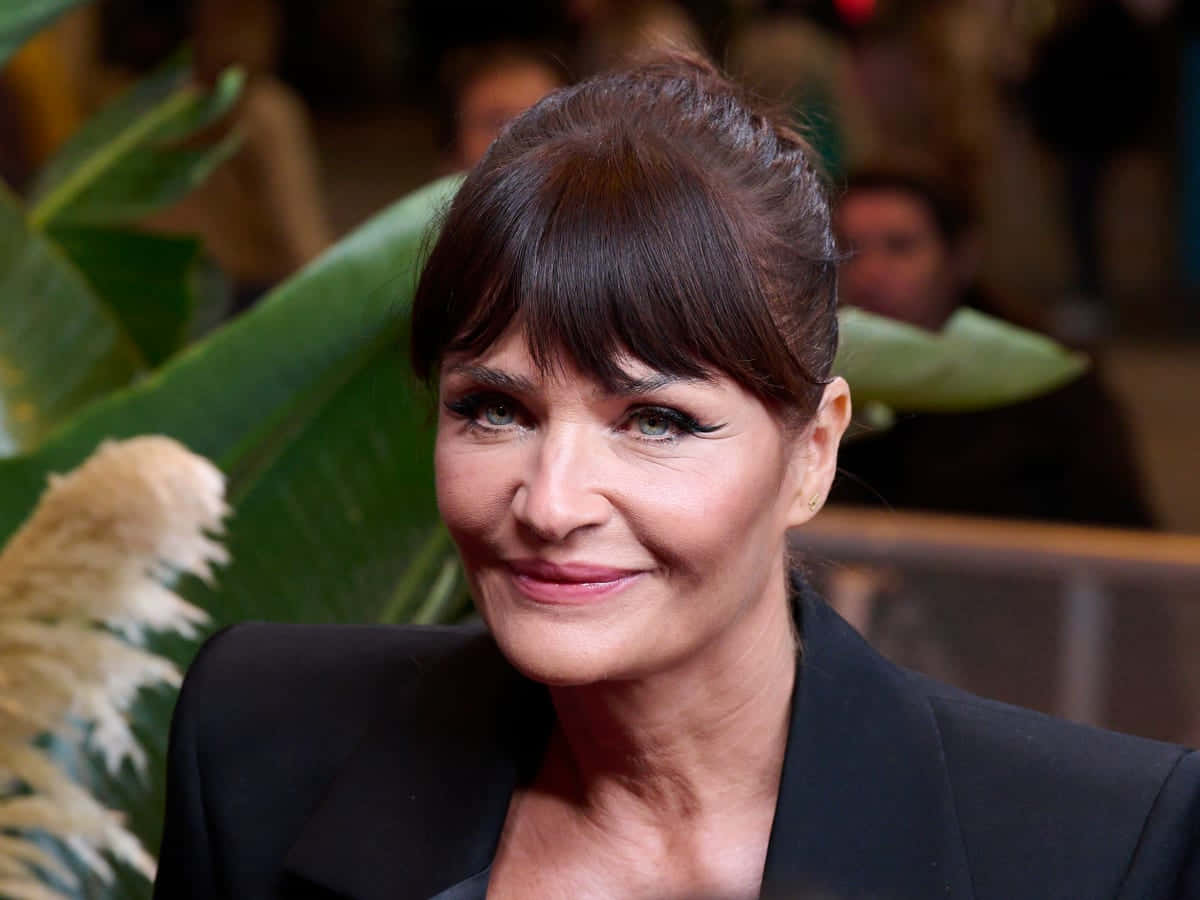 Helena Christensen, pink floral dress, dark hair, SD Desktop Wallpaper