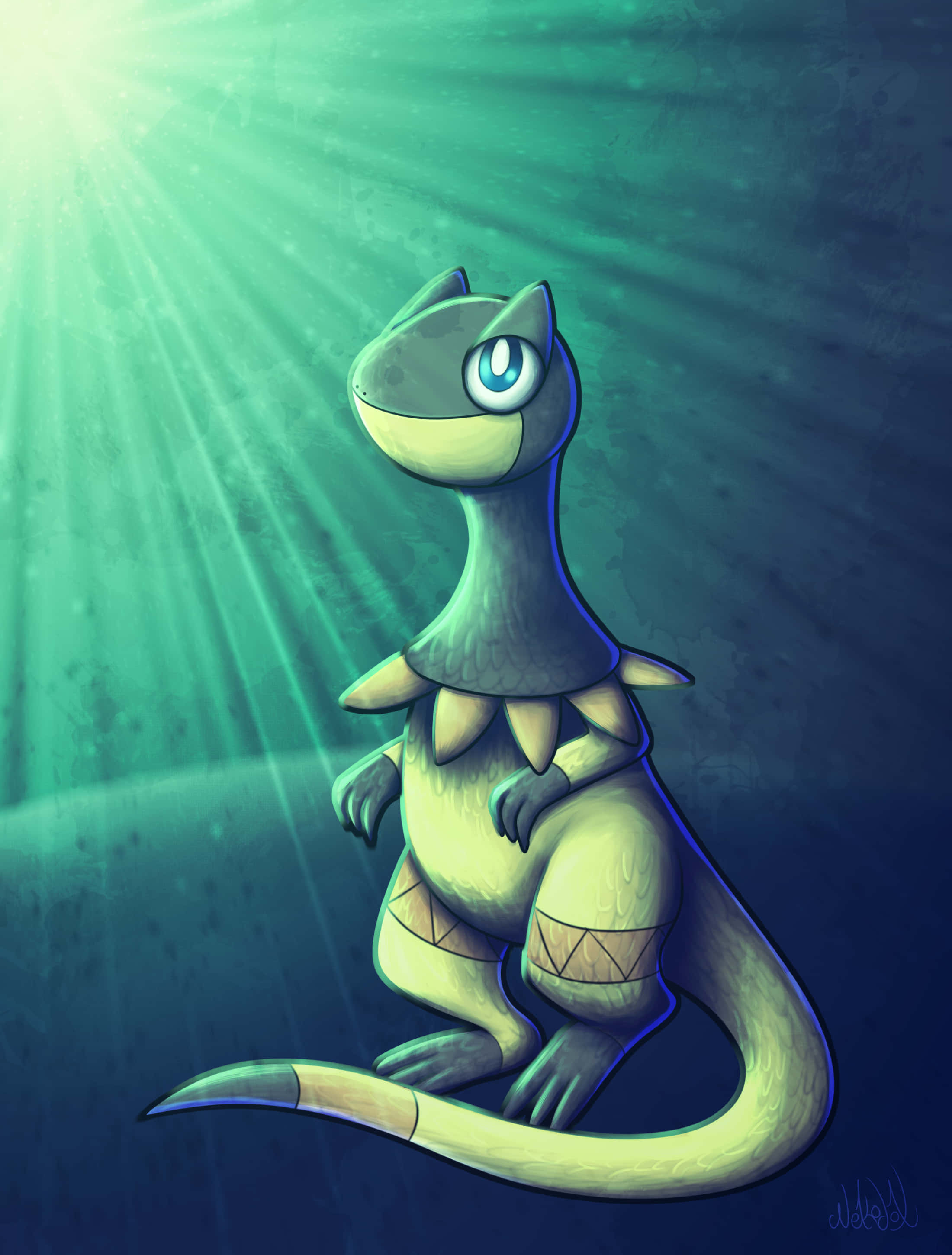Heliolisk, glowing green rays, underwater, 2K Phone Wallpaper