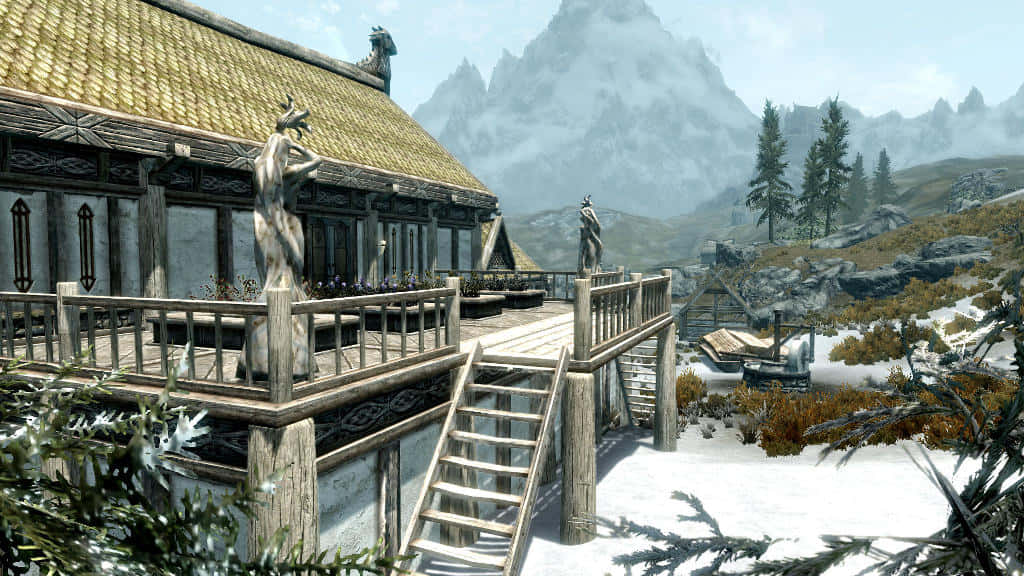 Heljarchen Hall, wooden mountain lodge, statues, SD Desktop Wallpaper