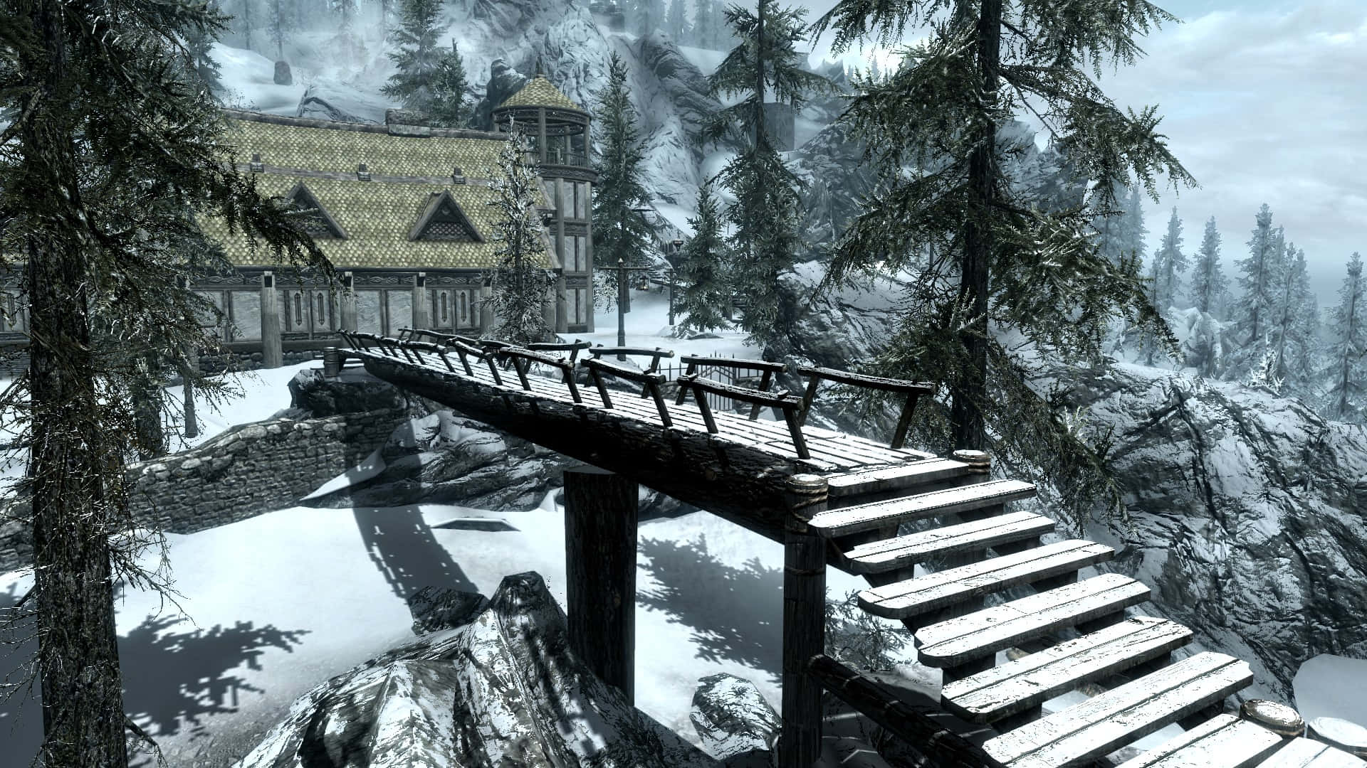 Heljarchen Hall, snow-covered wooden bridge, rustic house, Full HD Desktop Wallpaper