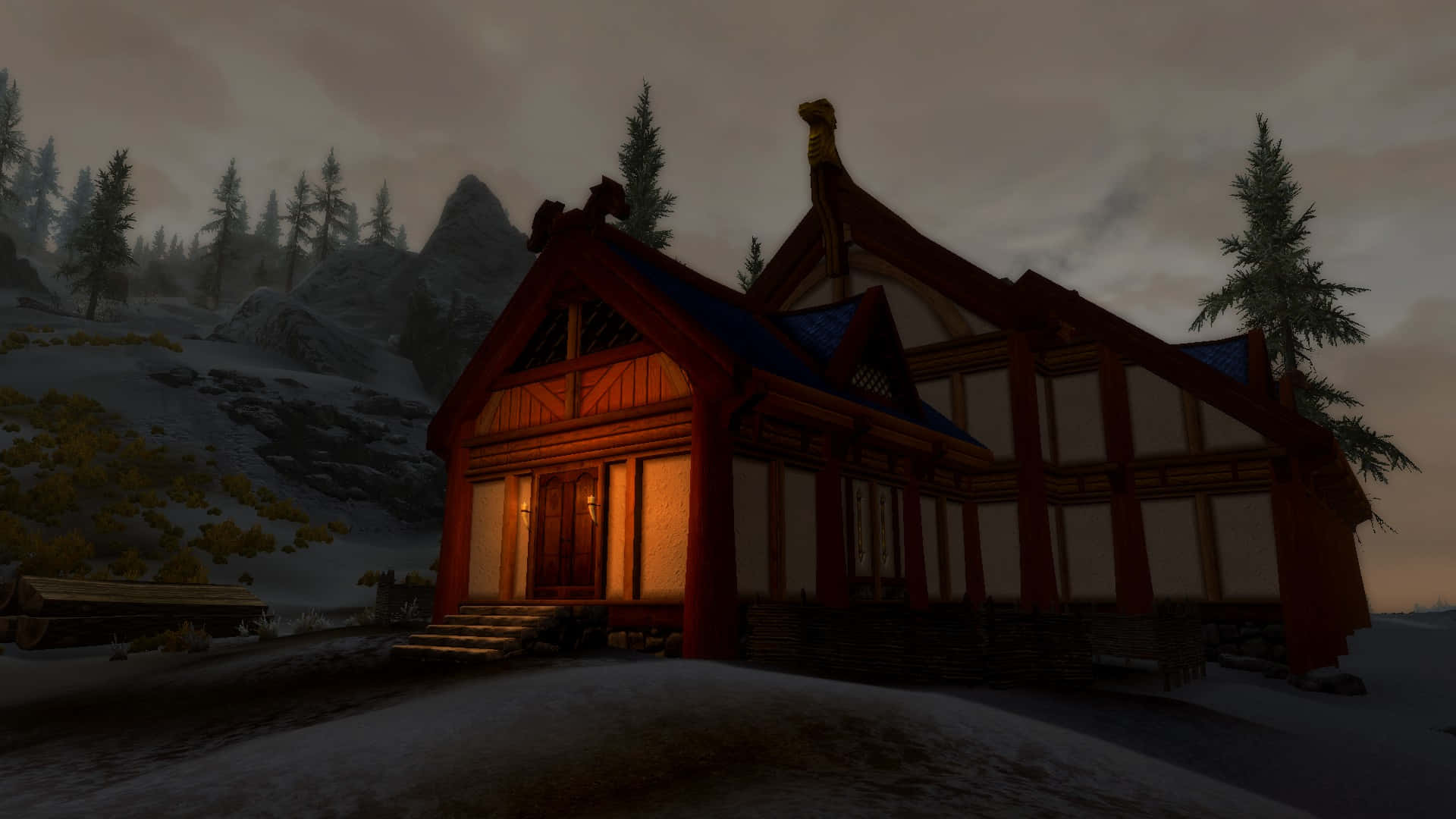 Heljarchen Hall, snowy Skyrim landscape, wooden cabin, Full HD Desktop Wallpaper