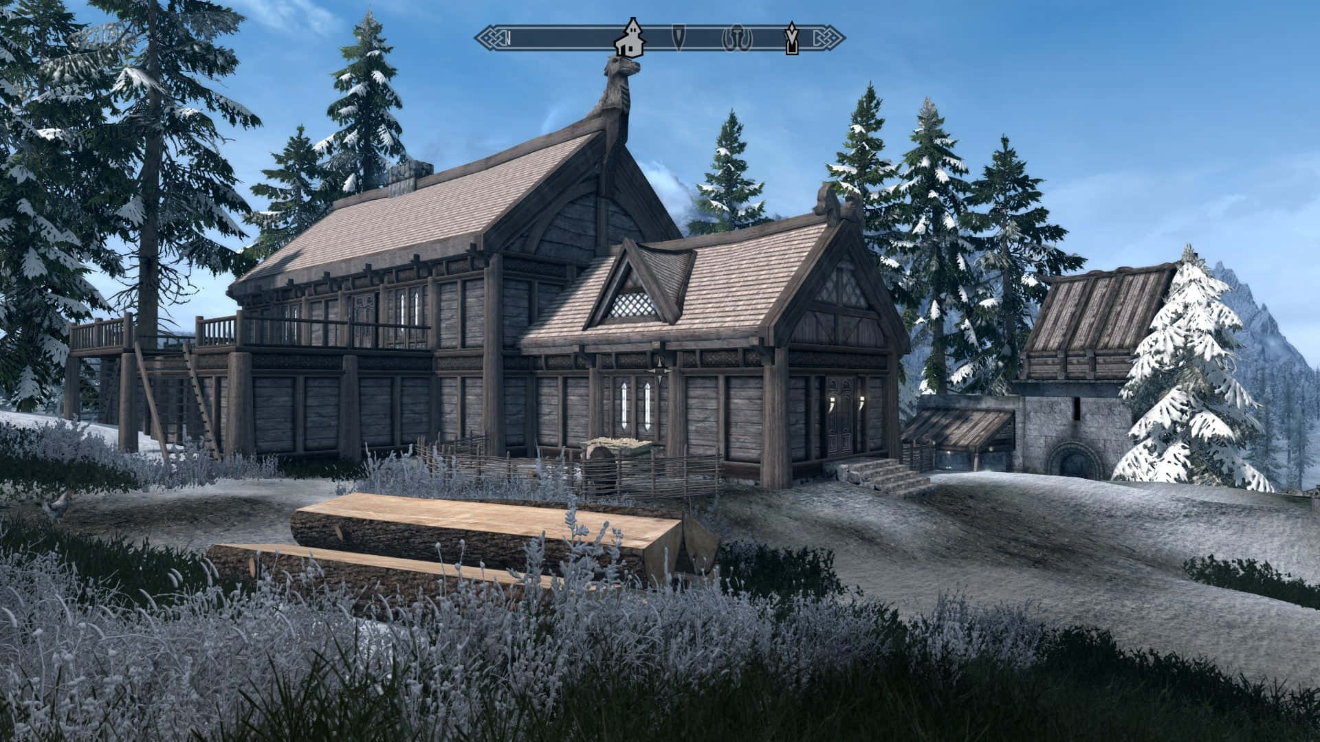 Heljarchen Hall, rustic wooden house, snow-dusted roof, Full HD Desktop Wallpaper