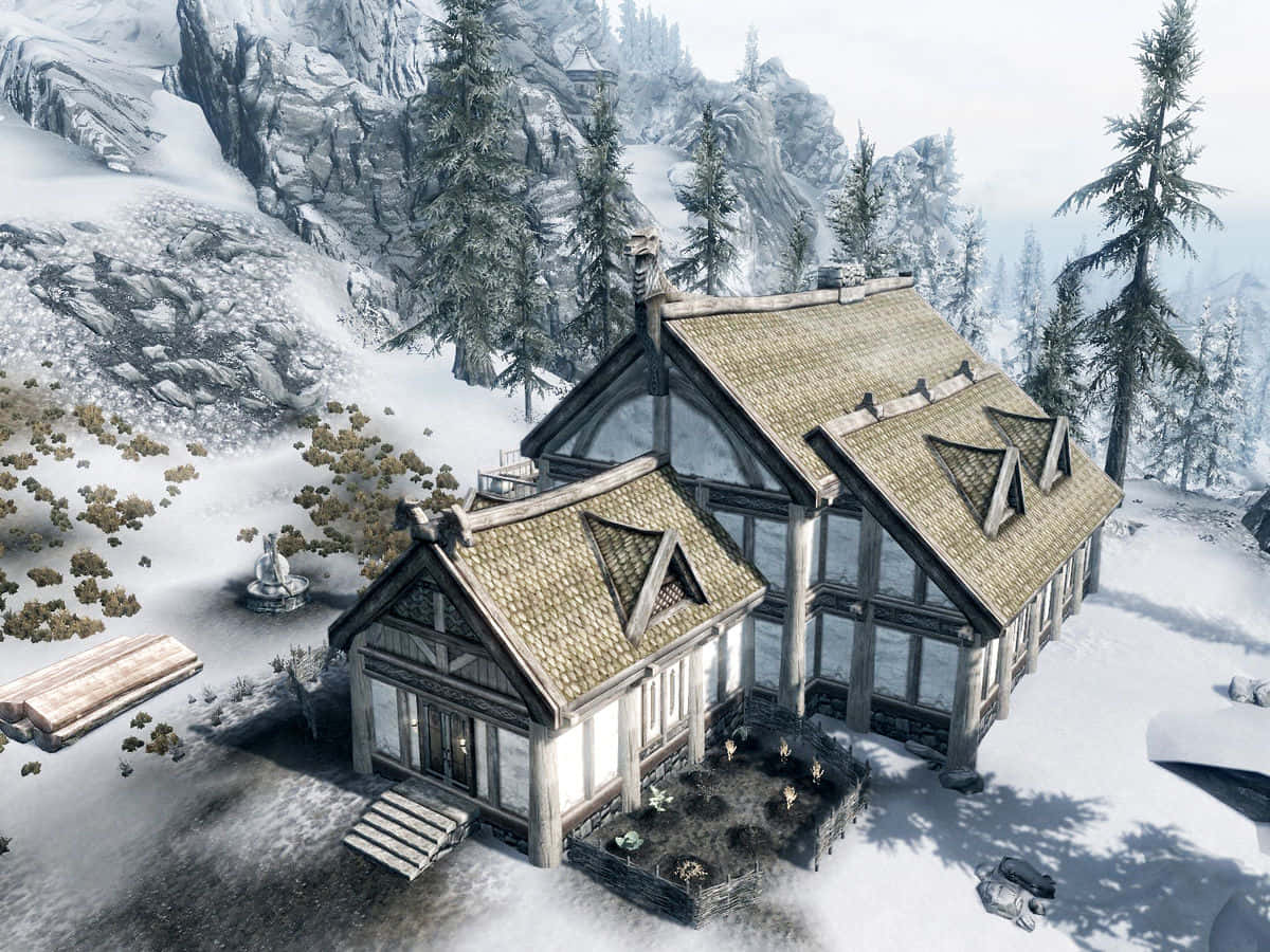 Heljarchen Hall, wooden cabin, snowy mountain valley, SD Desktop Wallpaper
