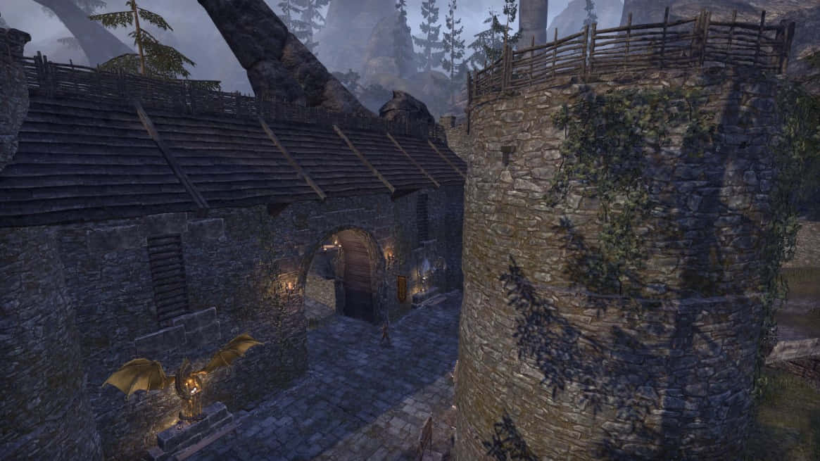 Heljarchen Hall, medieval stone village, ivy-covered towers, SD Desktop Wallpaper