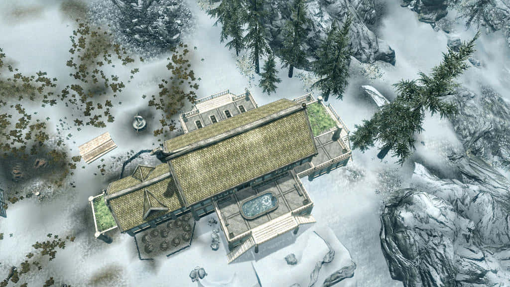 Heljarchen Hall, snow-covered wooden house, thatched roof, SD Desktop Wallpaper