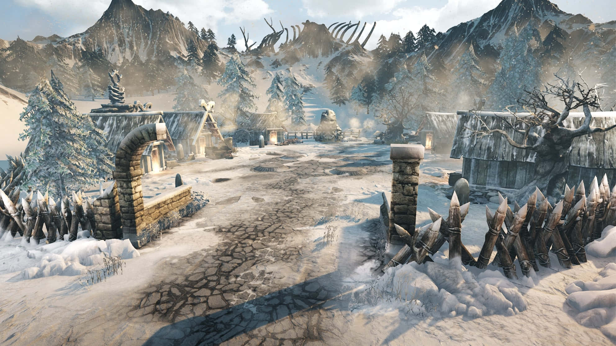 Heljarchen Hall, medieval village gate, frosty settlement, Full HD Desktop Wallpaper