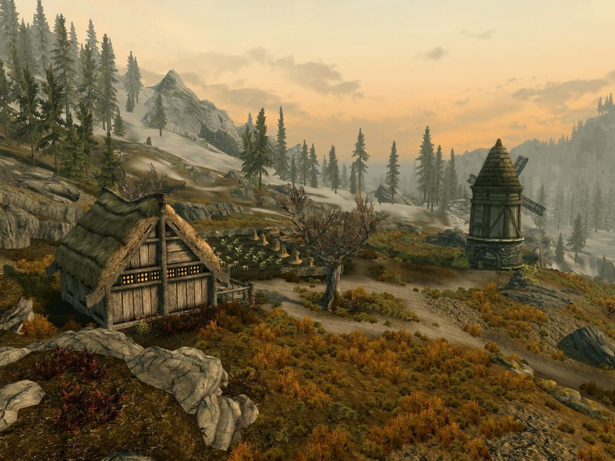 Heljarchen Hall, rustic wooden cabin, stone windmill, SD Desktop Wallpaper
