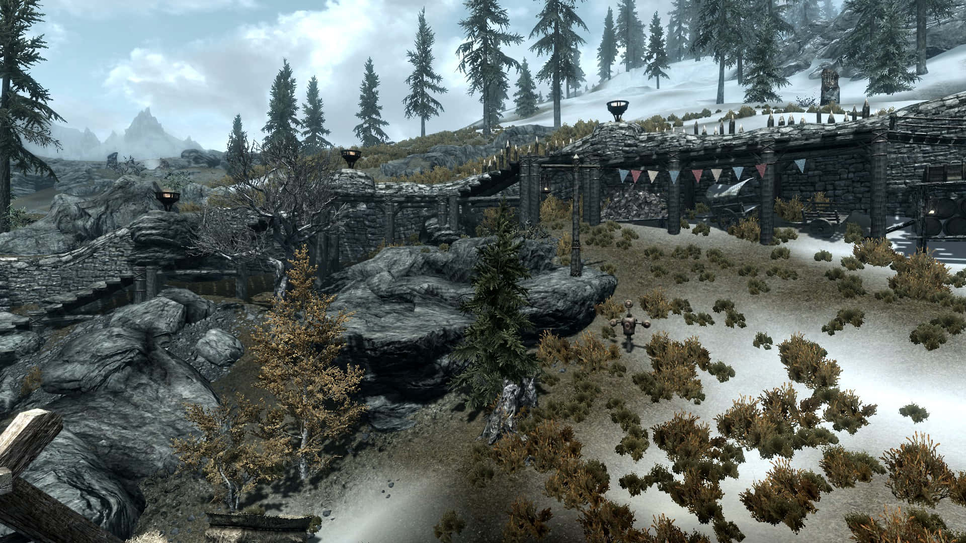 Heljarchen Hall, snowy mountain village, stone buildings, Full HD Desktop Wallpaper