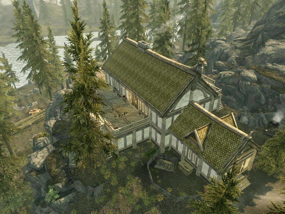Heljarchen Hall, rustic wooden cabin, green roof, SD Desktop Wallpaper