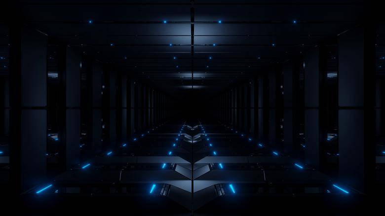 Heljarchen Hall, glowing blue lights, futuristic corridor, SD Desktop Wallpaper