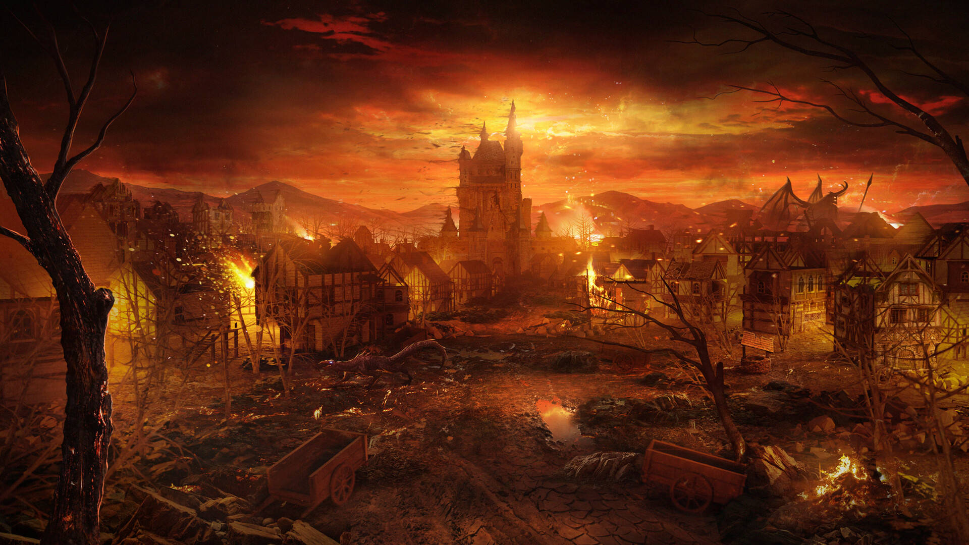 Hell, medieval village, burning buildings, Full HD Desktop Wallpaper