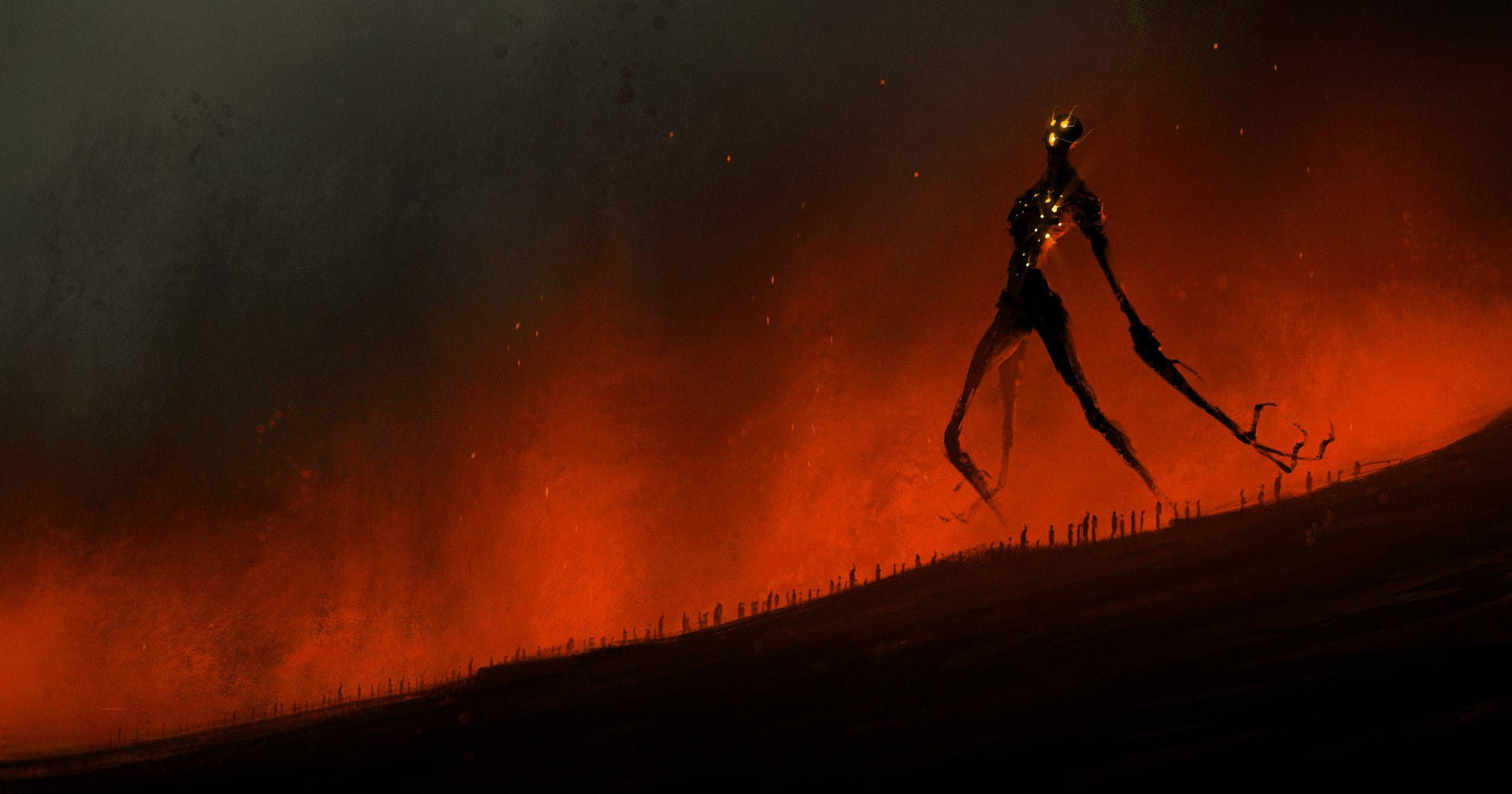 Hell, fiery red landscape, glowing eyes, Full HD Desktop Wallpaper