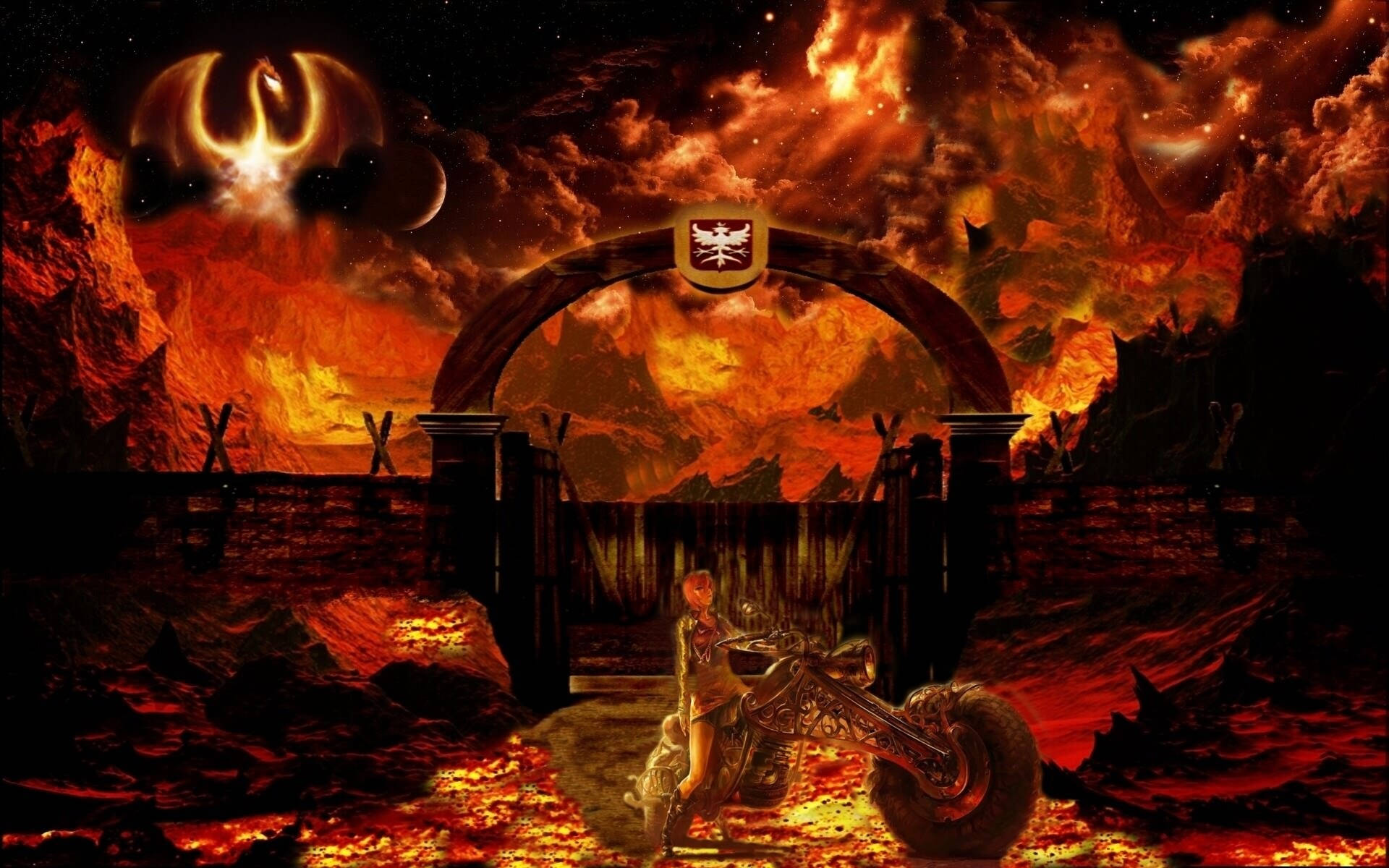 Hell, chopper motorcycle, flaming archway, Full HD Desktop Wallpaper
