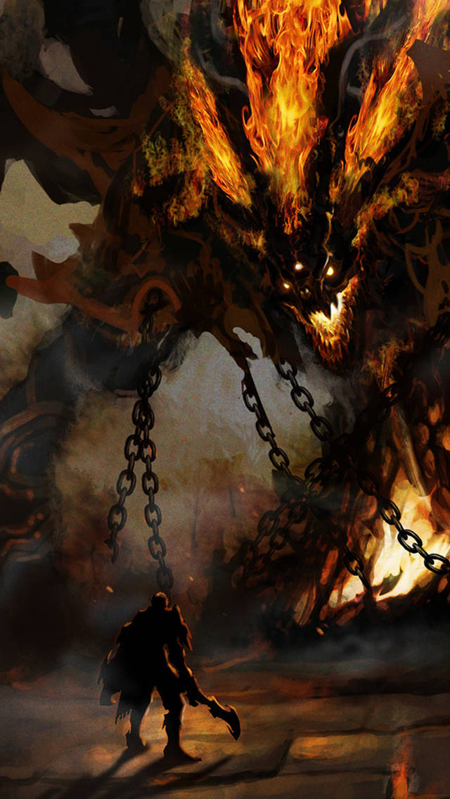 Hell, flaming demonic beast, dark cavernous lair, SD Phone Wallpaper