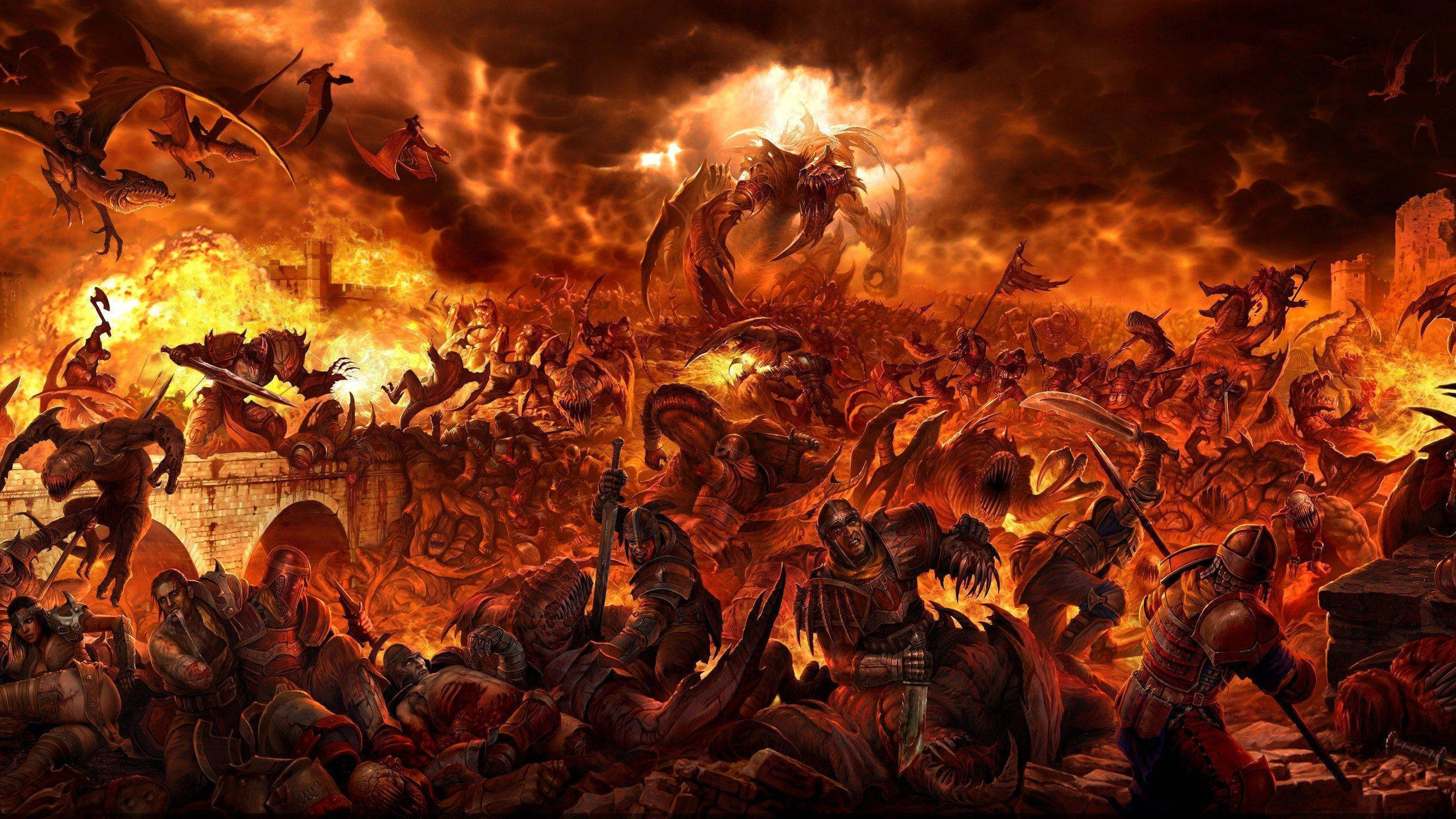 hellish orange sky, fiery apocalyptic battle, demonic creatures, 2K Desktop Wallpaper