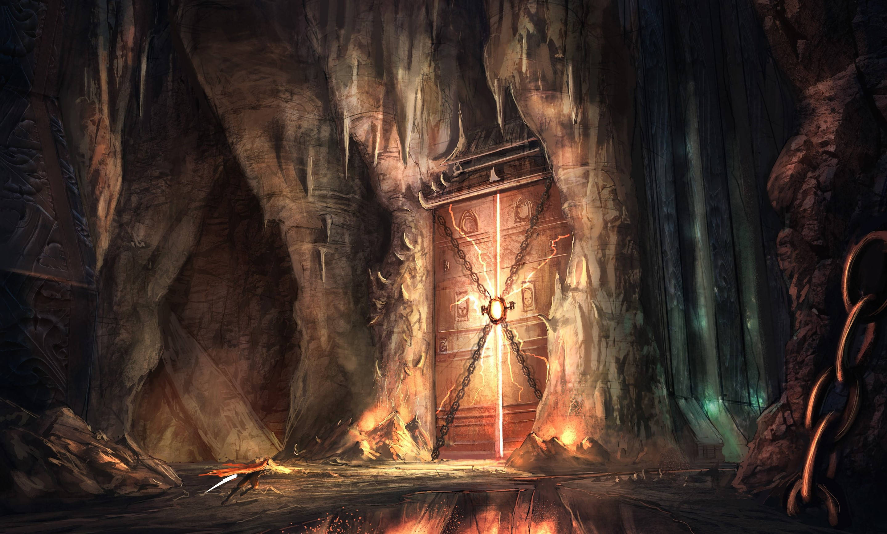 Hell, ancient door, chains, 2K Desktop Wallpaper