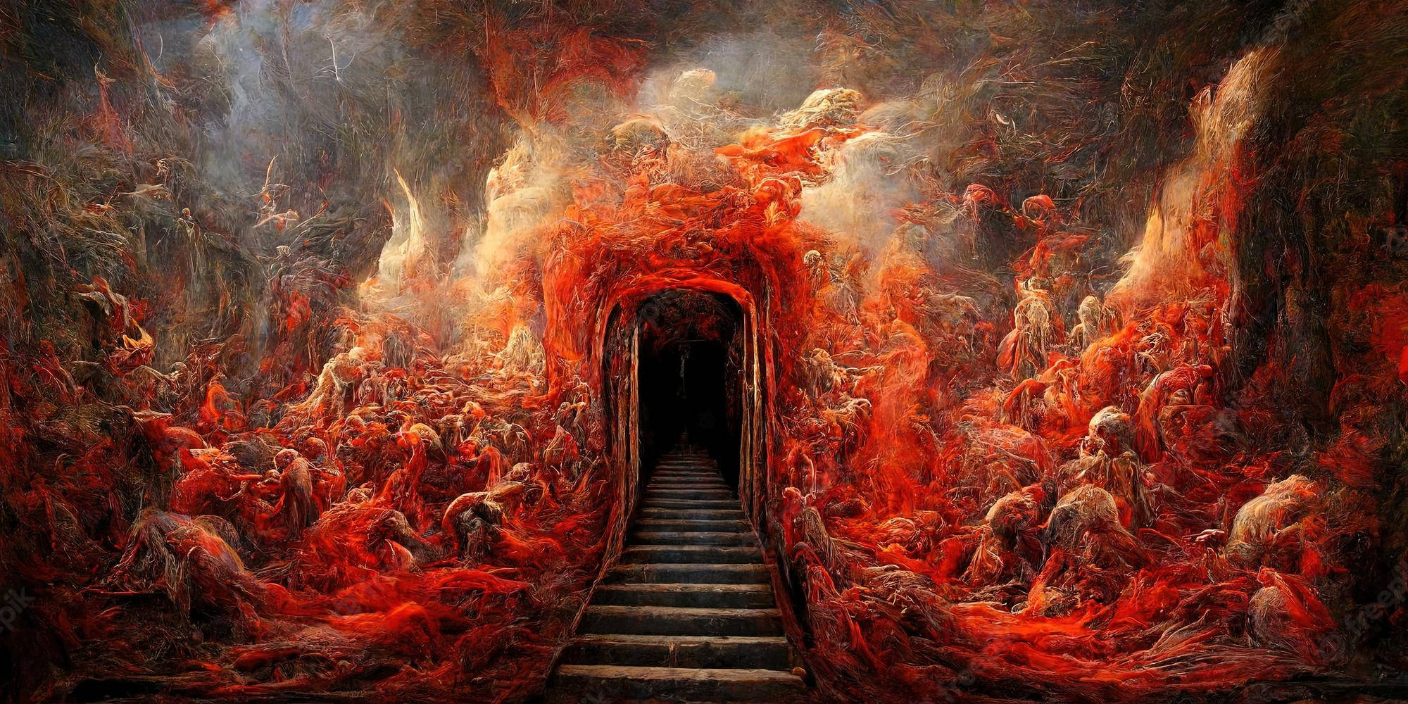 Hell, fiery cavern, dark staircase, Full HD Desktop Wallpaper