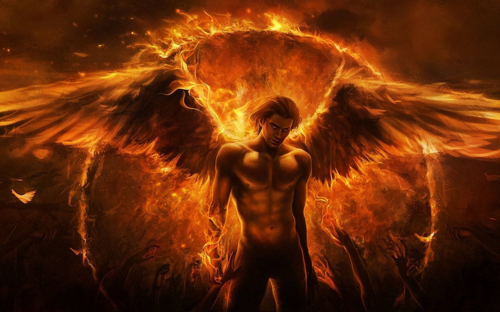 angel, fiery wings, flames, HD Desktop Wallpaper